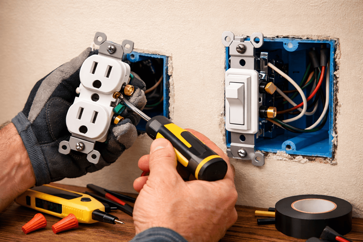 electrician installing electrical outlet and light switch inside a residential wall