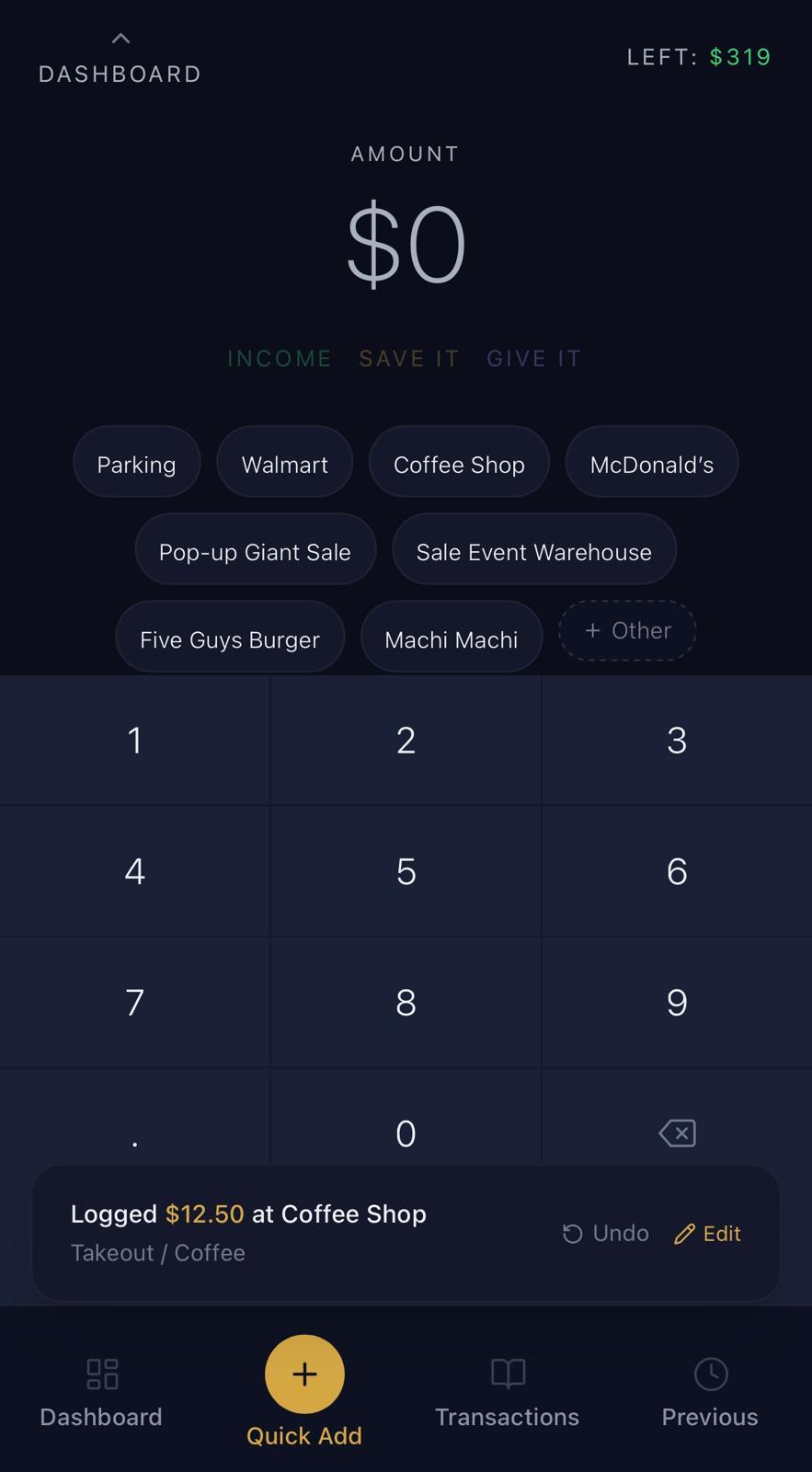 Add spending in seconds screenshot