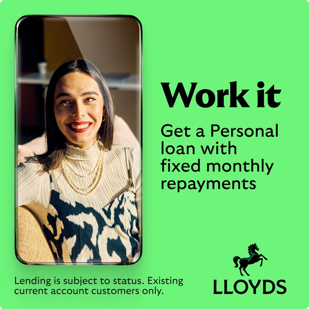 Lloyds Bank personal loan social media ad showing confident smiling woman in pearl necklace and animal print top framed within smartphone graphic, bold 'Work it' headline promoting fixed monthly repayment personal loans on bright green background with black Lloyds horse logo