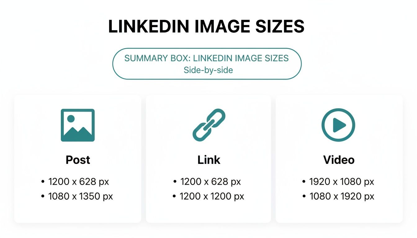Infographic detailing recommended LinkedIn image sizes for posts, links, and videos, including horizontal and vertical dimensions.