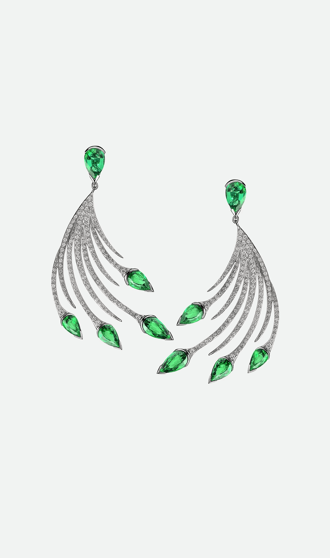 Majestic Grassland fine jewellery earrings featuring pear-shaped green emeralds, custom designed by independent artisan Shaun Leane.