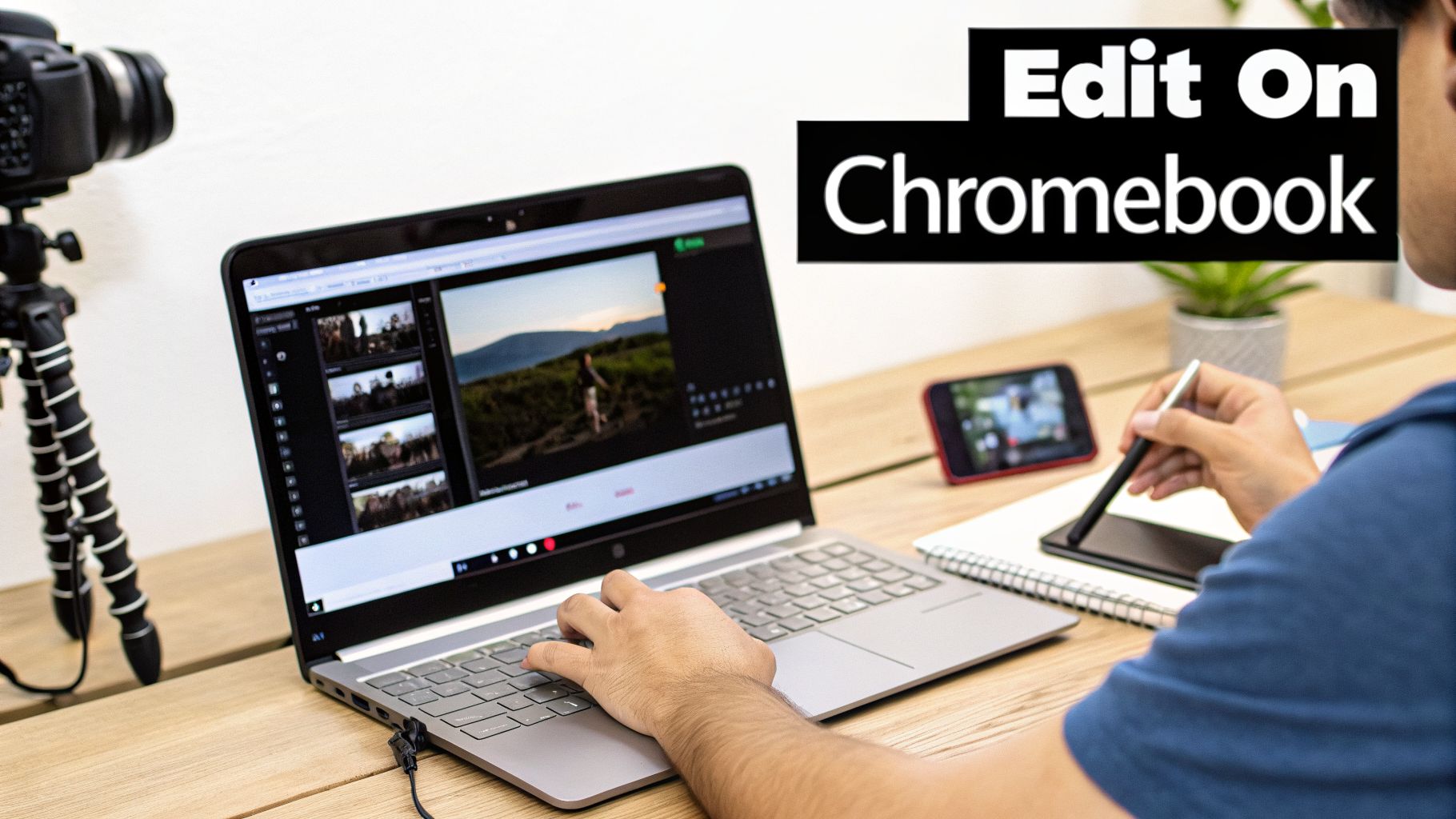 Person editing video on a Chromebook laptop, with a camera and smartphone on a wooden desk.