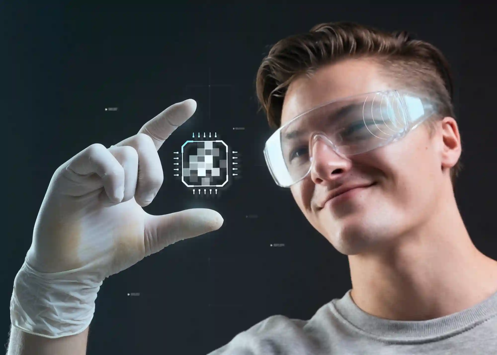 A specialist wearing protective gear examines a futuristic digital microchip hologram representing advanced semiconductor innovation and design.