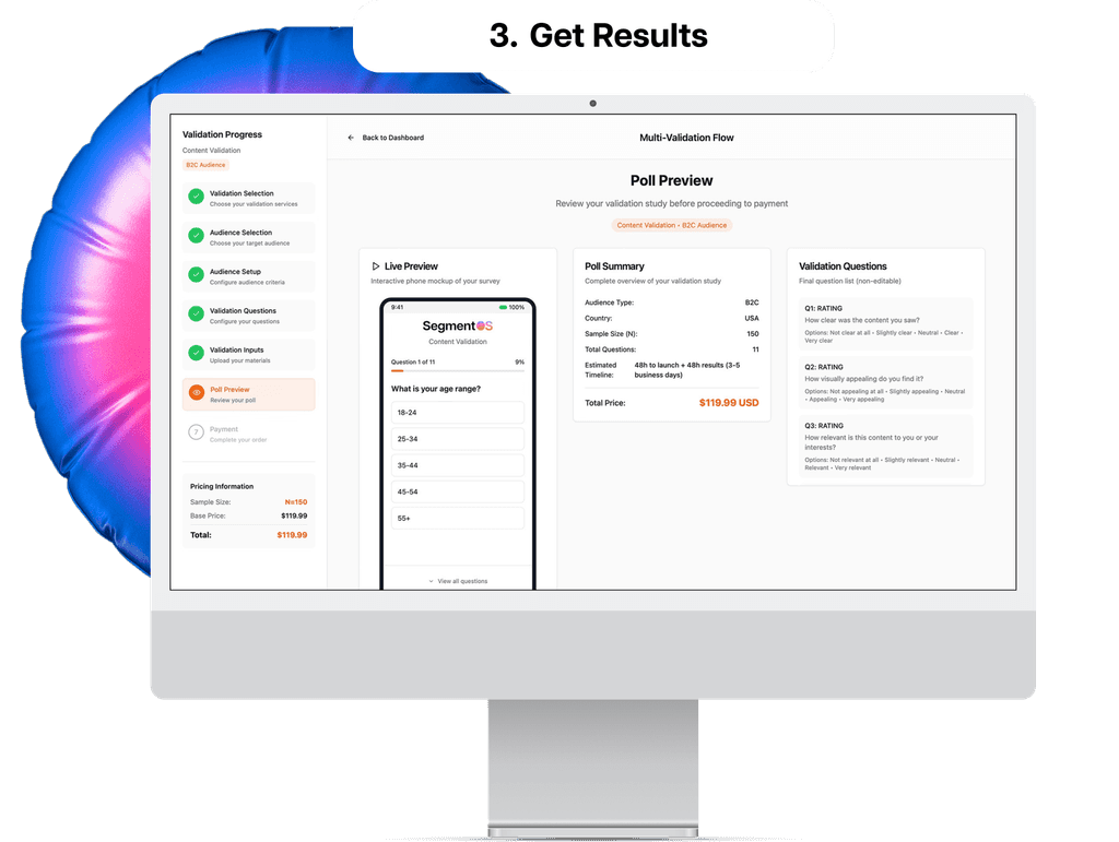 The SegmentOS platform interface showing the Poll Preview and summary screen, the final step where a user confirms their validation details and price before launching.