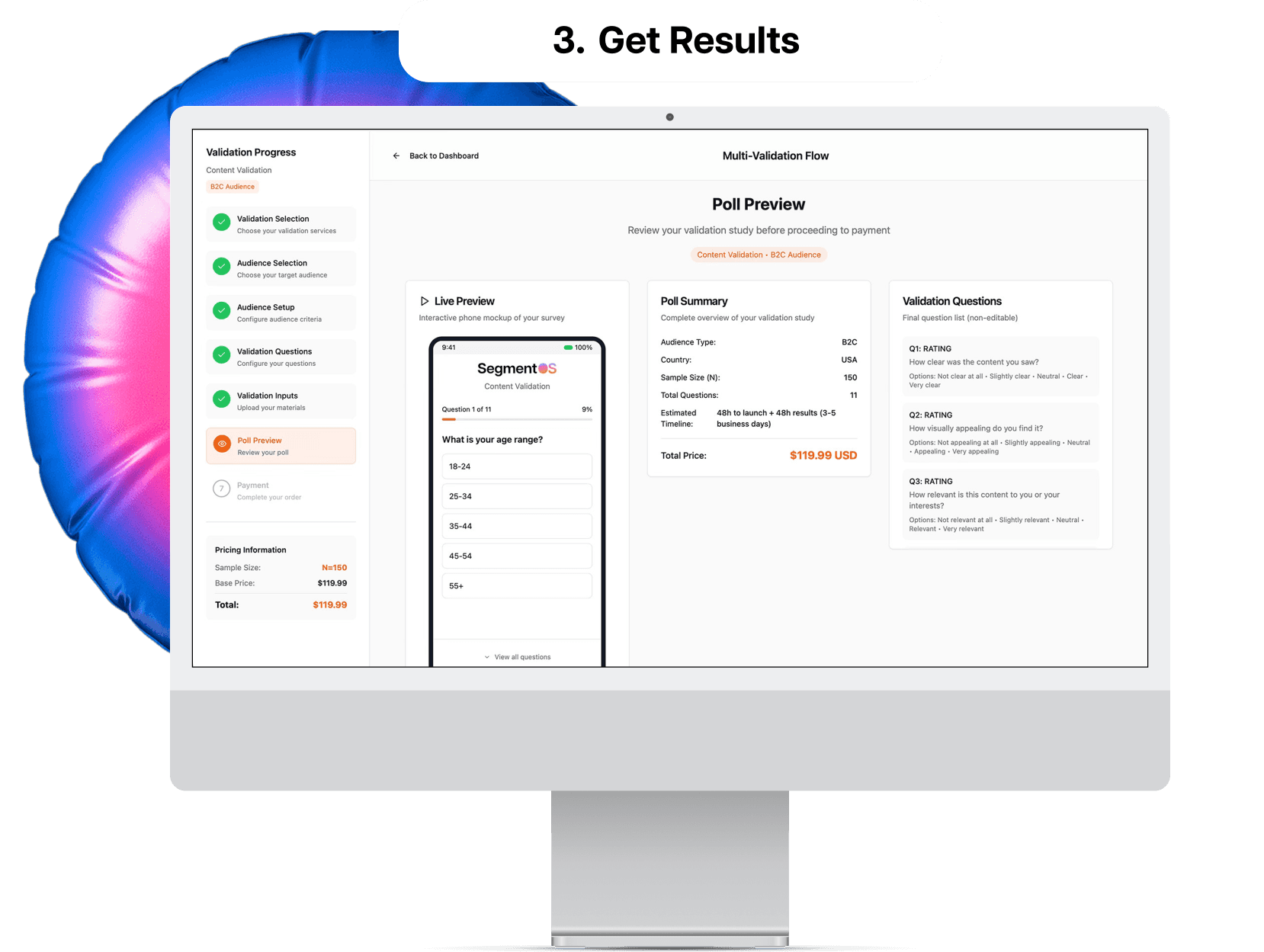 The SegmentOS platform interface showing the Poll Preview and summary screen, the final step where a user confirms their validation details and price before launching.