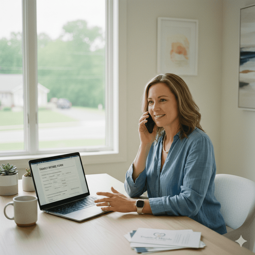 A home care agency owner in her 40s speaking on the phone in a calm, bright office while reviewing a family intake form on her laptop, looking focused and reassuring, symbolizing building trust with families before the first visit.