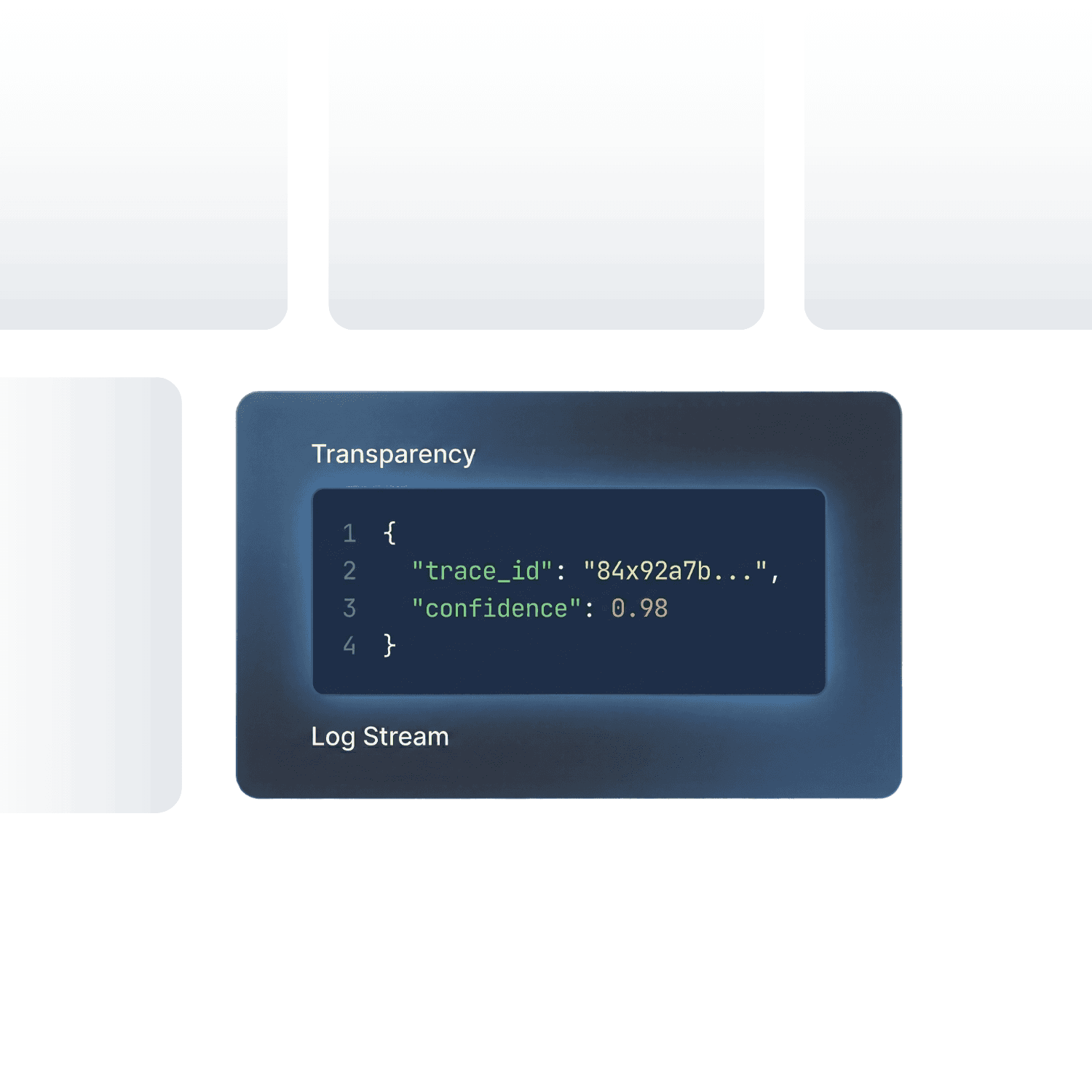 Veronix transparency log stream interface displaying a JSON code snippet with trace IDs and confidence scores. Visualizes the concept of deterministic AI logic and full audit trails to eliminate black-box decision making.
