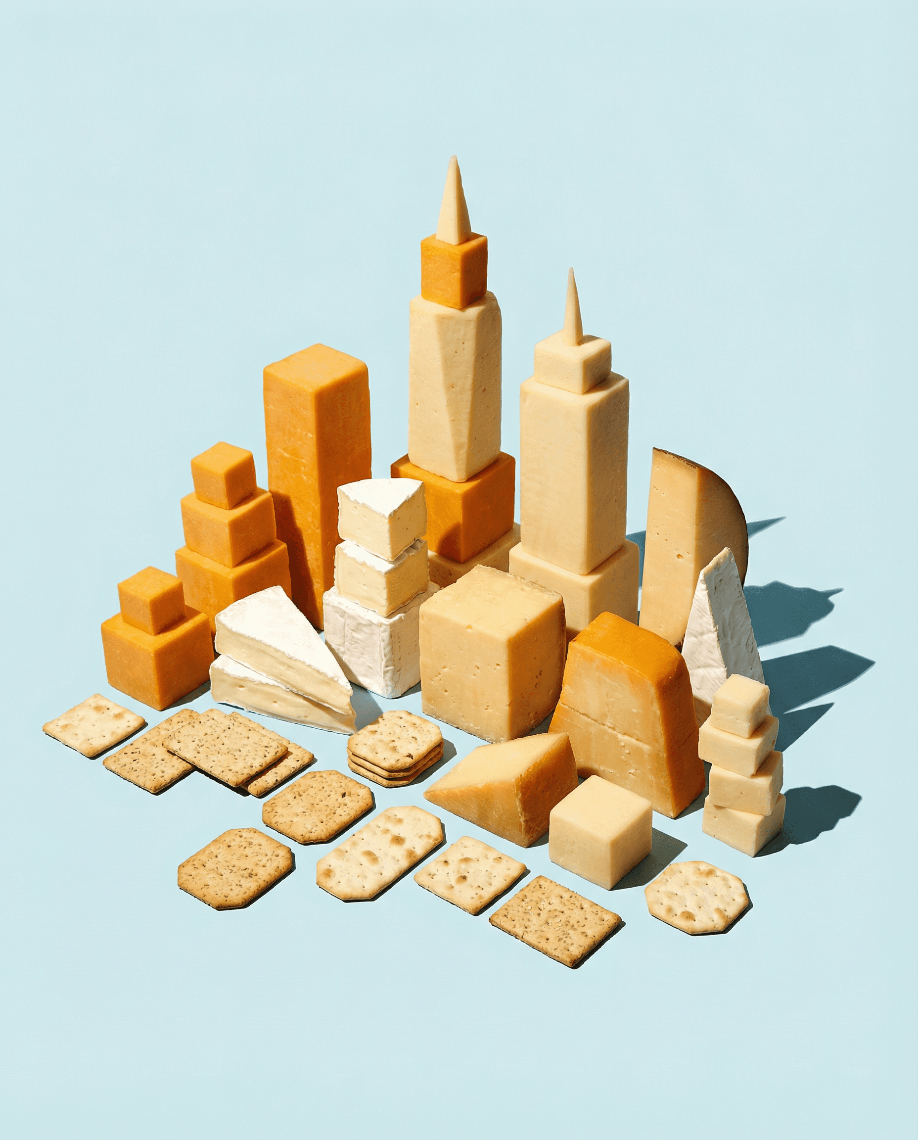 Assorted cheeses stacked like a skyline with crackers on a light blue background.