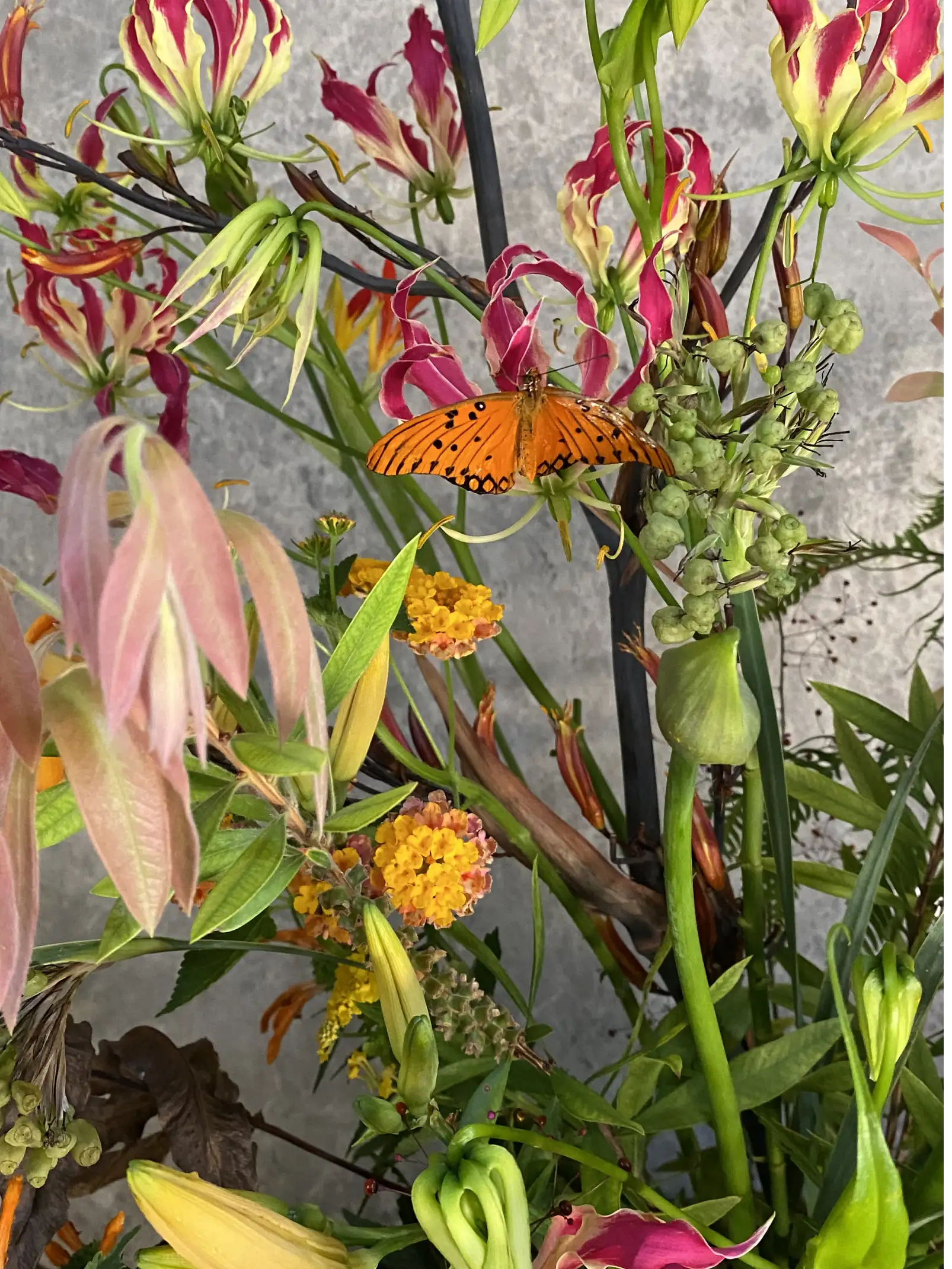 Mariposa naranja entre flores exóticas en arreglo botánico para propuesta visual inspirada en la naturaleza.