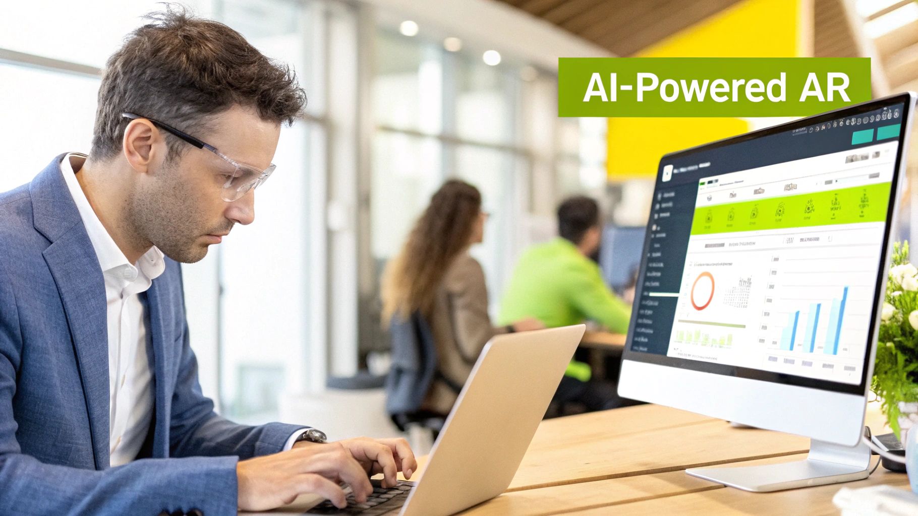 A split-screen image showing a traditional call center on one side and a modern, AI-driven dashboard on the other, symbolizing the evolution of AR outsourcing.