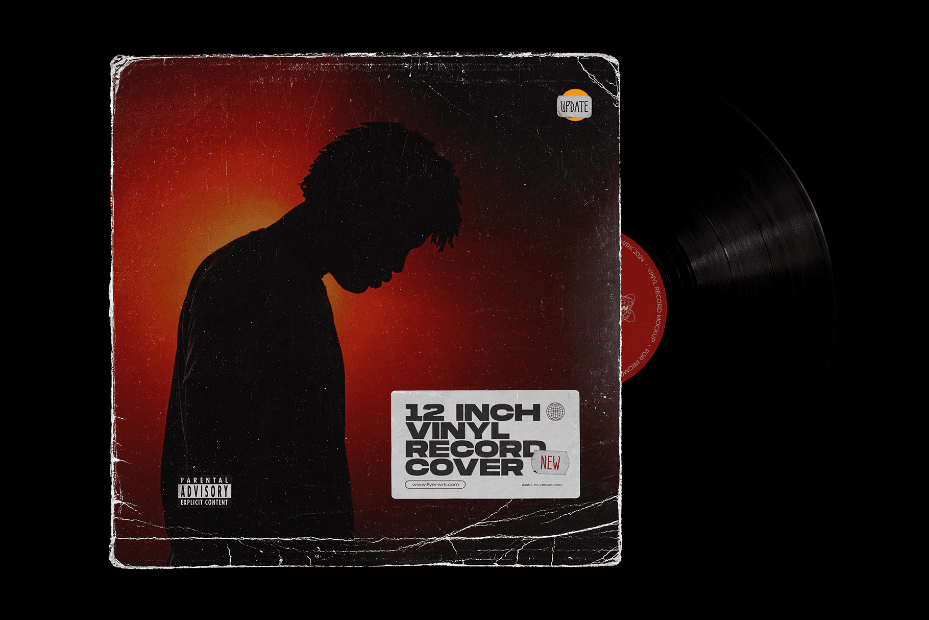 Vinyl record mockup with distorted album artwork preview and visible record sleeve