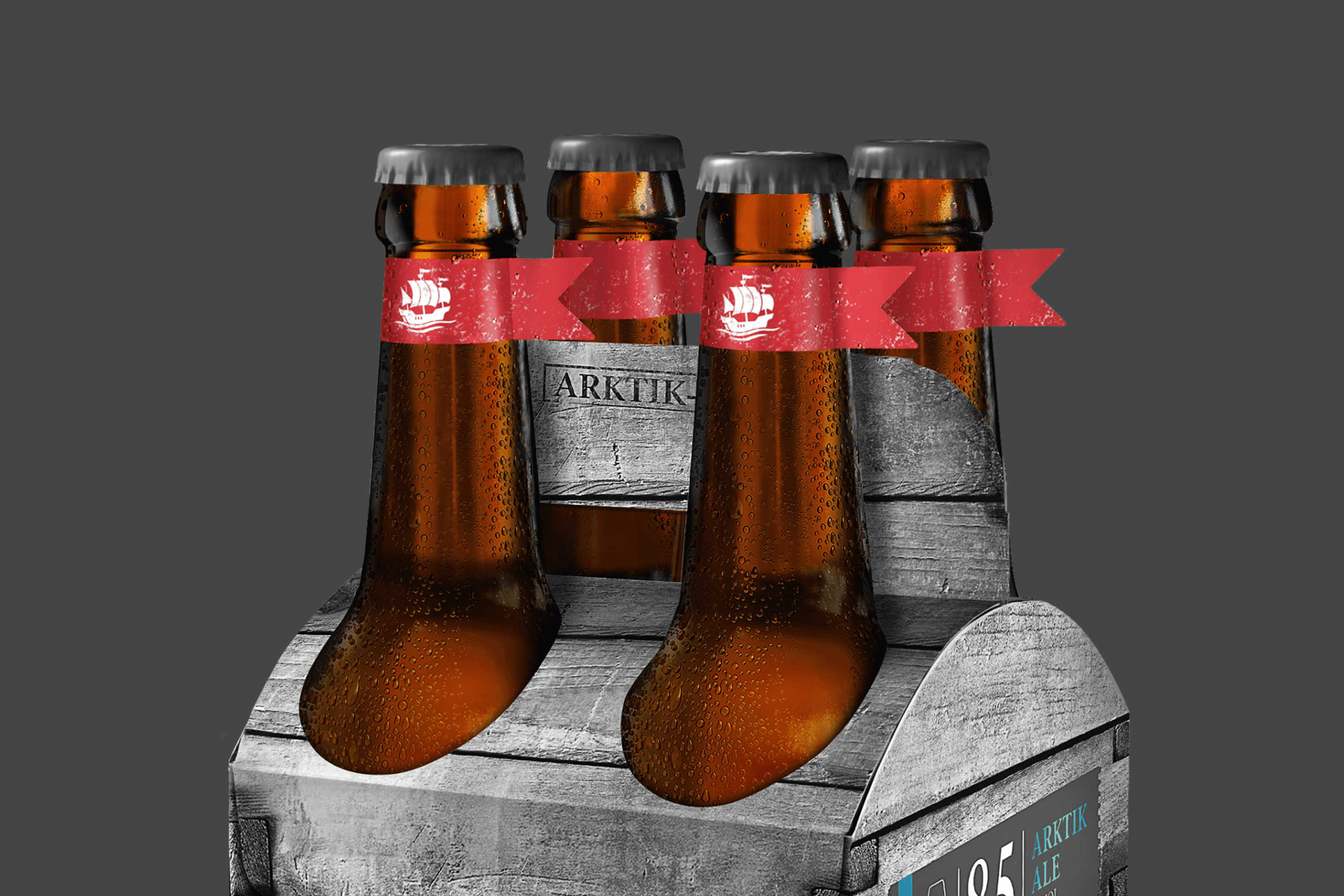 Arktik Ale bottles in a wooden display with naval flags.