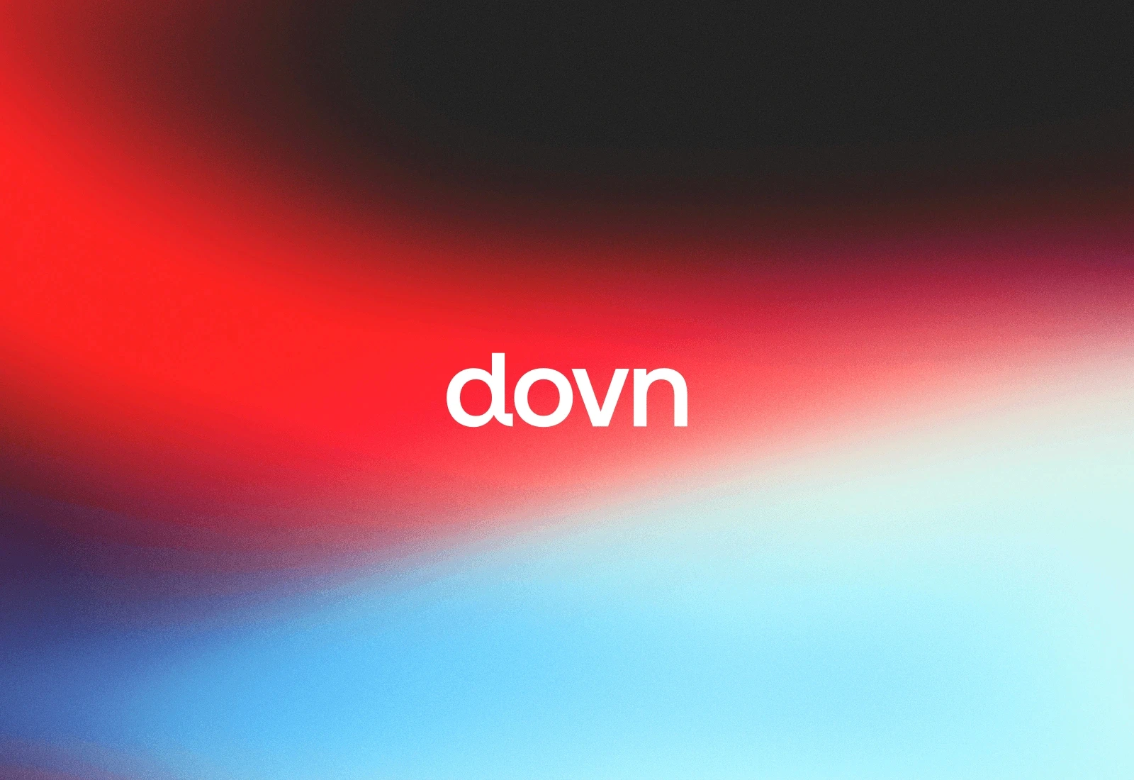 Abstract Dovn brand graphic featuring flowing red, blue, black, and white gradients with the white Dovn logo centered on a modern technology-inspired background.