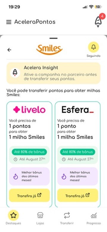 Campanha de transferência de pontos Livelo e Esfera para a Smiles com bônus de até 80% no AceleraPontos.