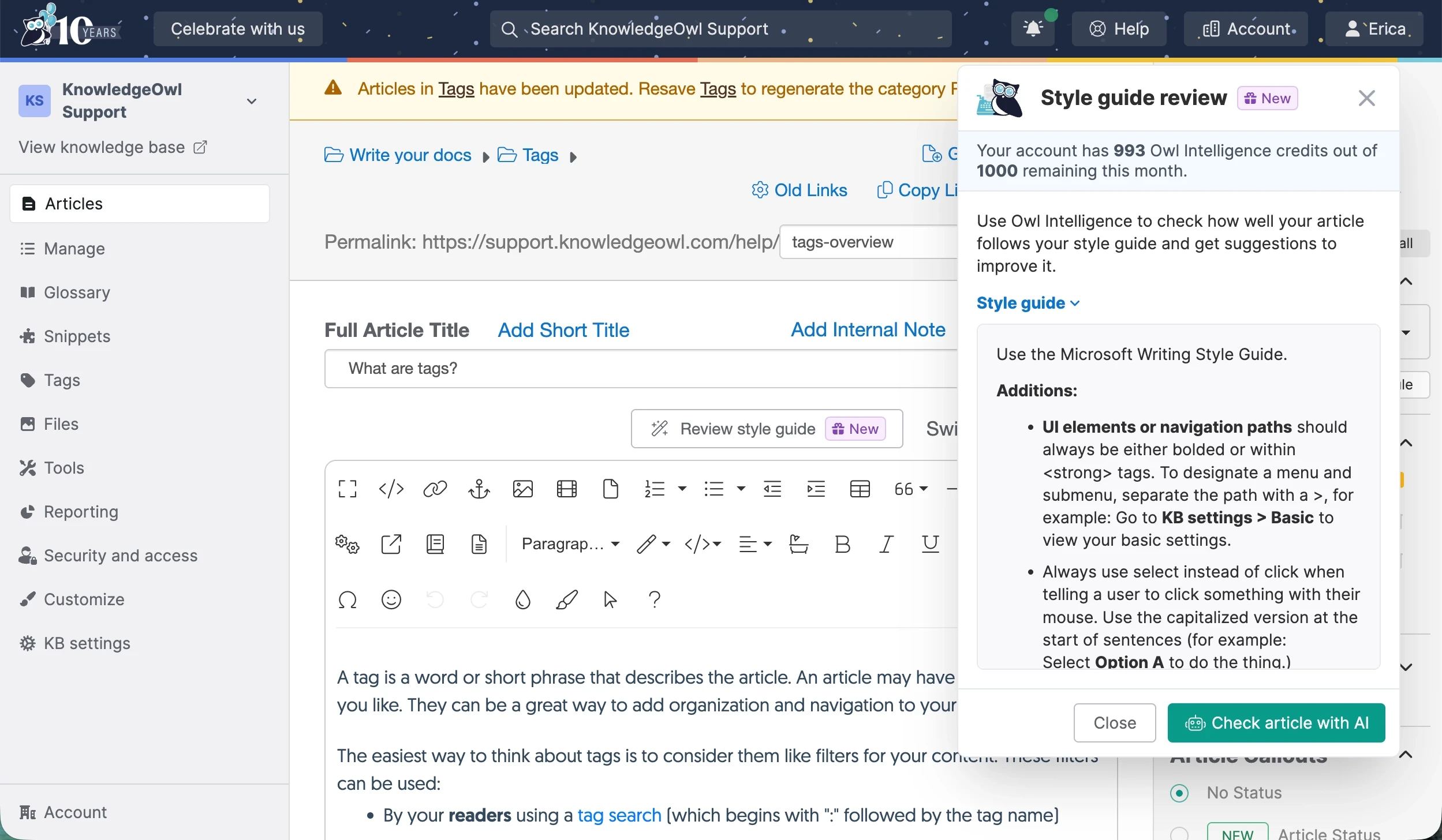Style guide open within an article being edited. You can see option to use AI (or not)