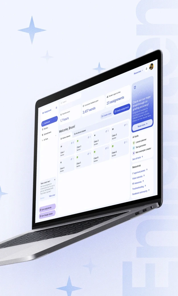 A laptop displaying the EnlightenAI dashboard is set against a light blue background with star icons and the word 'Enlighten' partially visible. The dashboard shows an overview of hours, words, and assignments, with options for creating assignments, syncing with Google classes, and accessing various AI tools and resources.