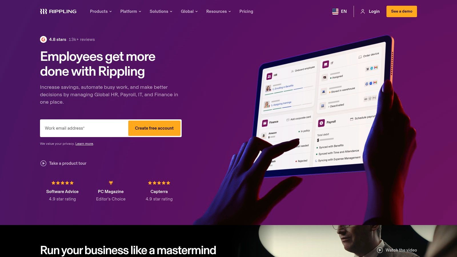 Rippling's dashboard showing new hire setup and app provisioning