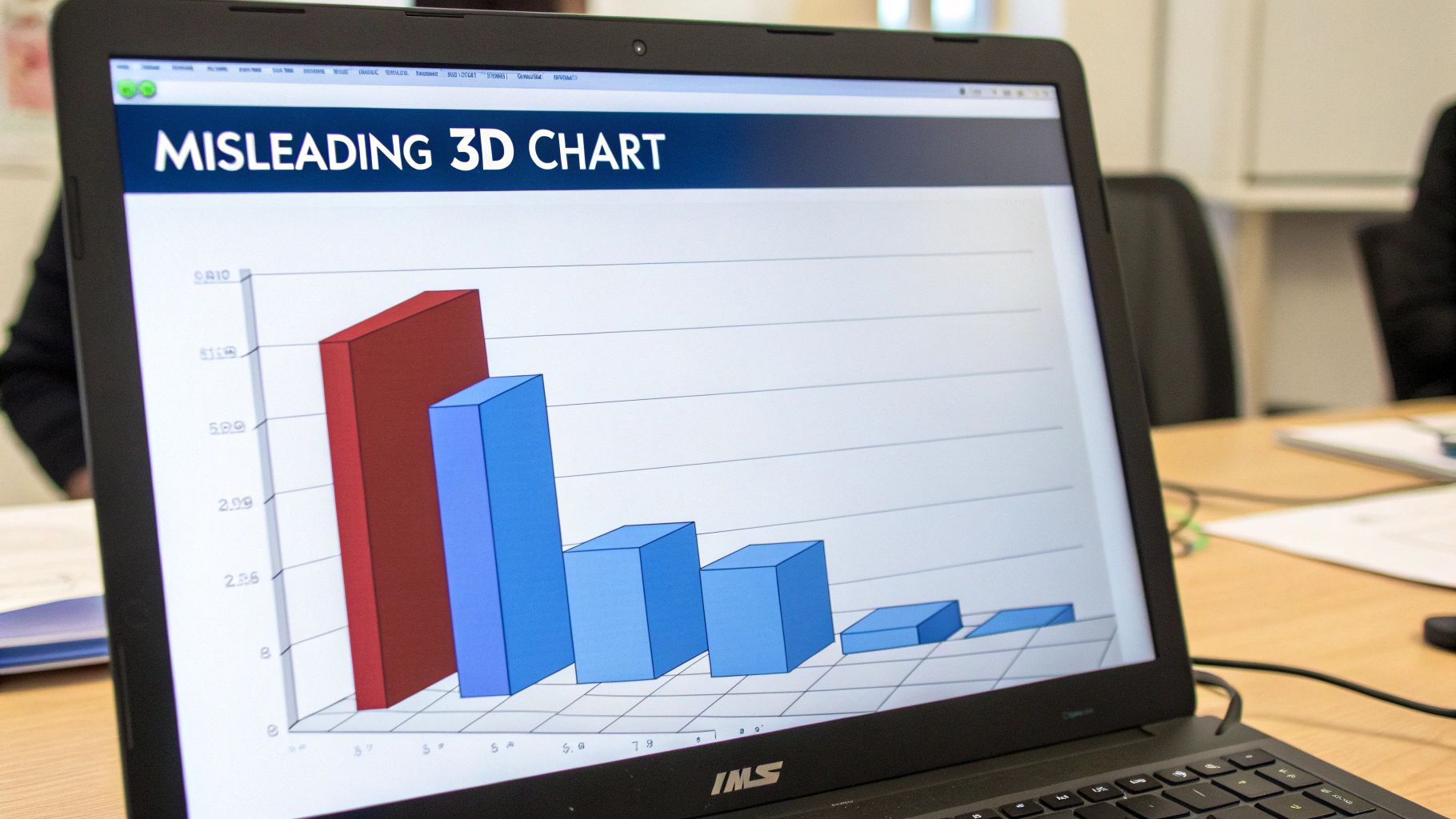 Laptop screen displays a 3D bar chart titled 'MISLEADING 3D CHART', an example of poor data visualization.