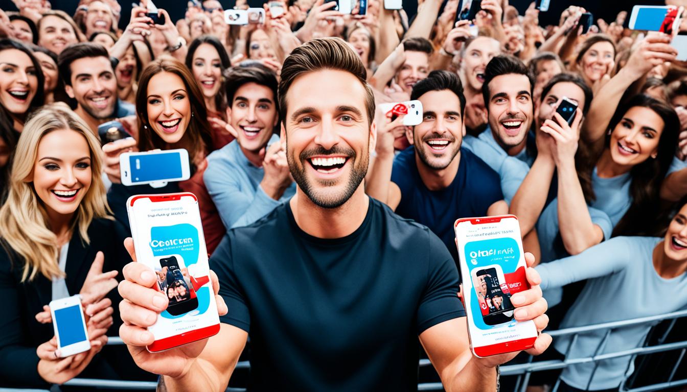 A smiling celebrity holding a product and surrounded by a crowd of fans. The fans are taking pictures with their phones and cheering for the celebrity. The product is prominent in the image, with the celebrity holding it up and showcasing its features. The background can either be a blank white or a busy event setting, such as a red carpet or product launch.