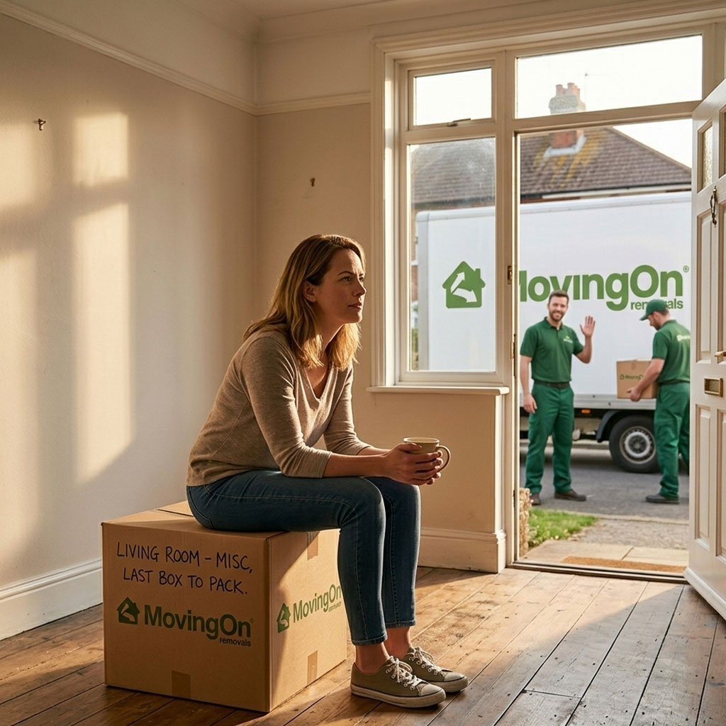 A homeowner sitting on a box looking thoughtful about their move, with a Moving On Removals van parked outside their Plymouth home.