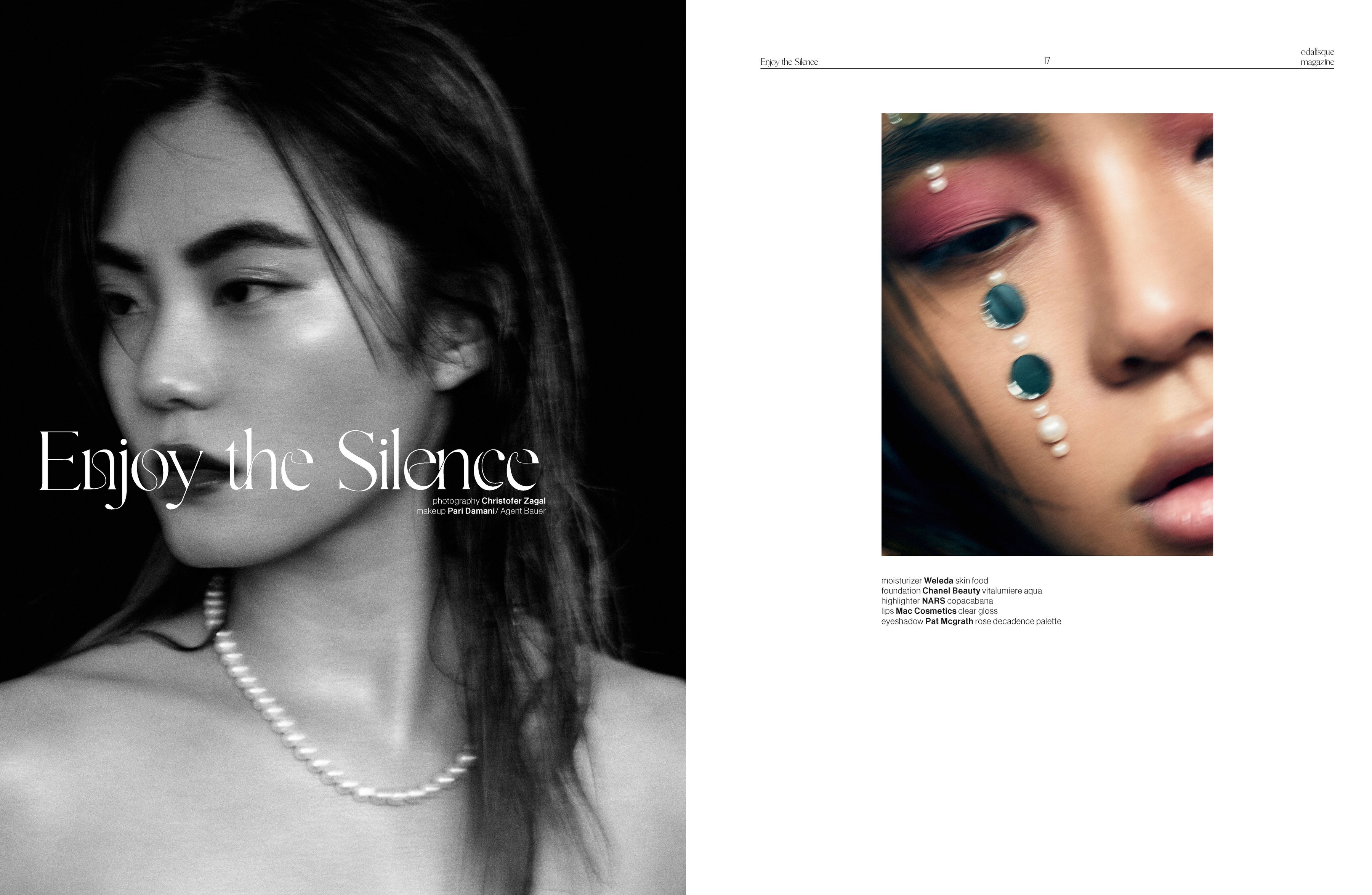 A full-page monochrome portrait paired with a smaller colour beauty photograph on a white page.