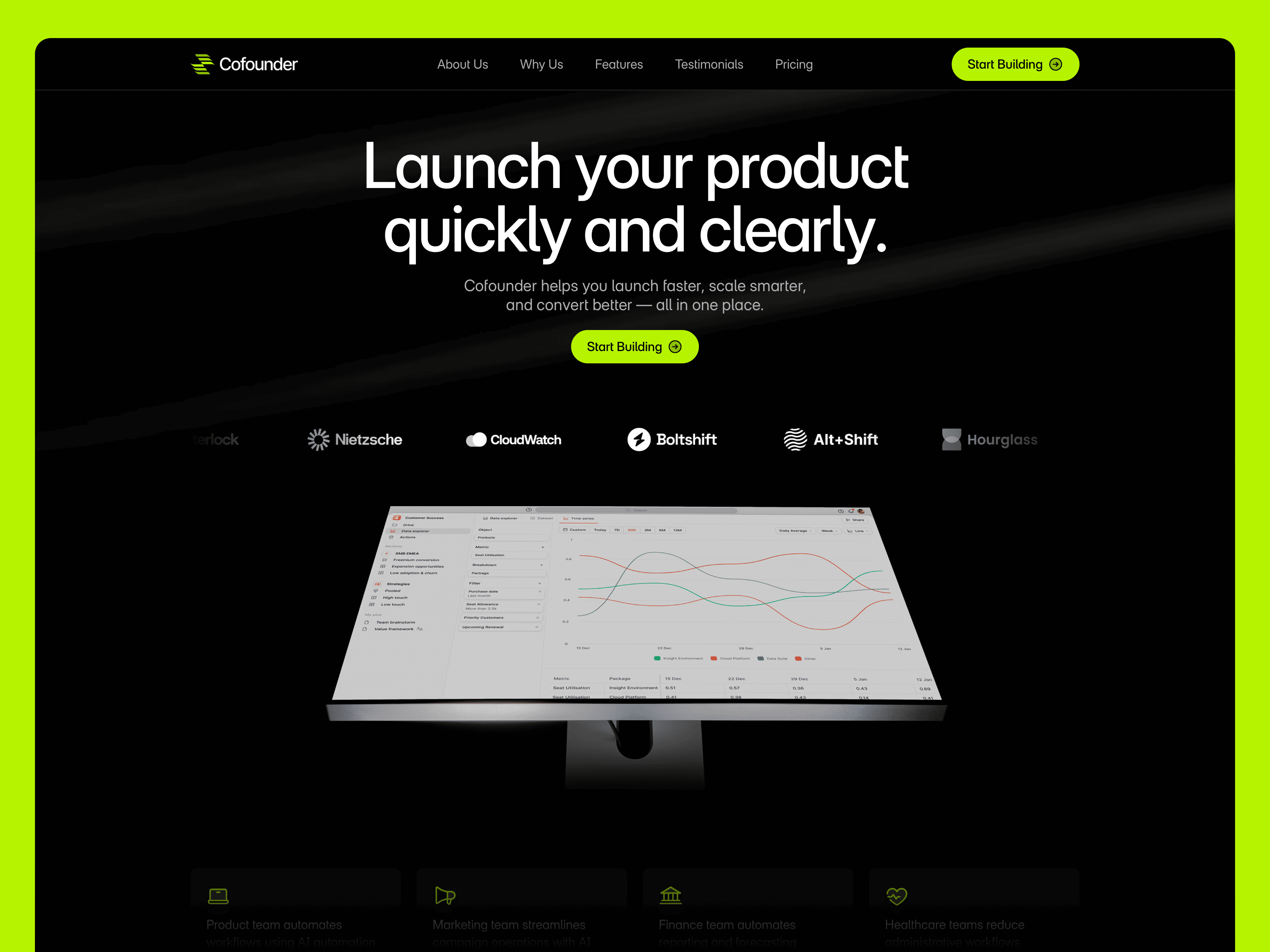 A website template marketplace thumbnail for Cofounder, a minimalist free AI startup and SaaS landing page template. The graphic exhibits a clean, grid-driven interface configuration highlighting tech workflow steps, dynamic application integrations, structured tabular pricing tiers, and subtle micro-interaction states.