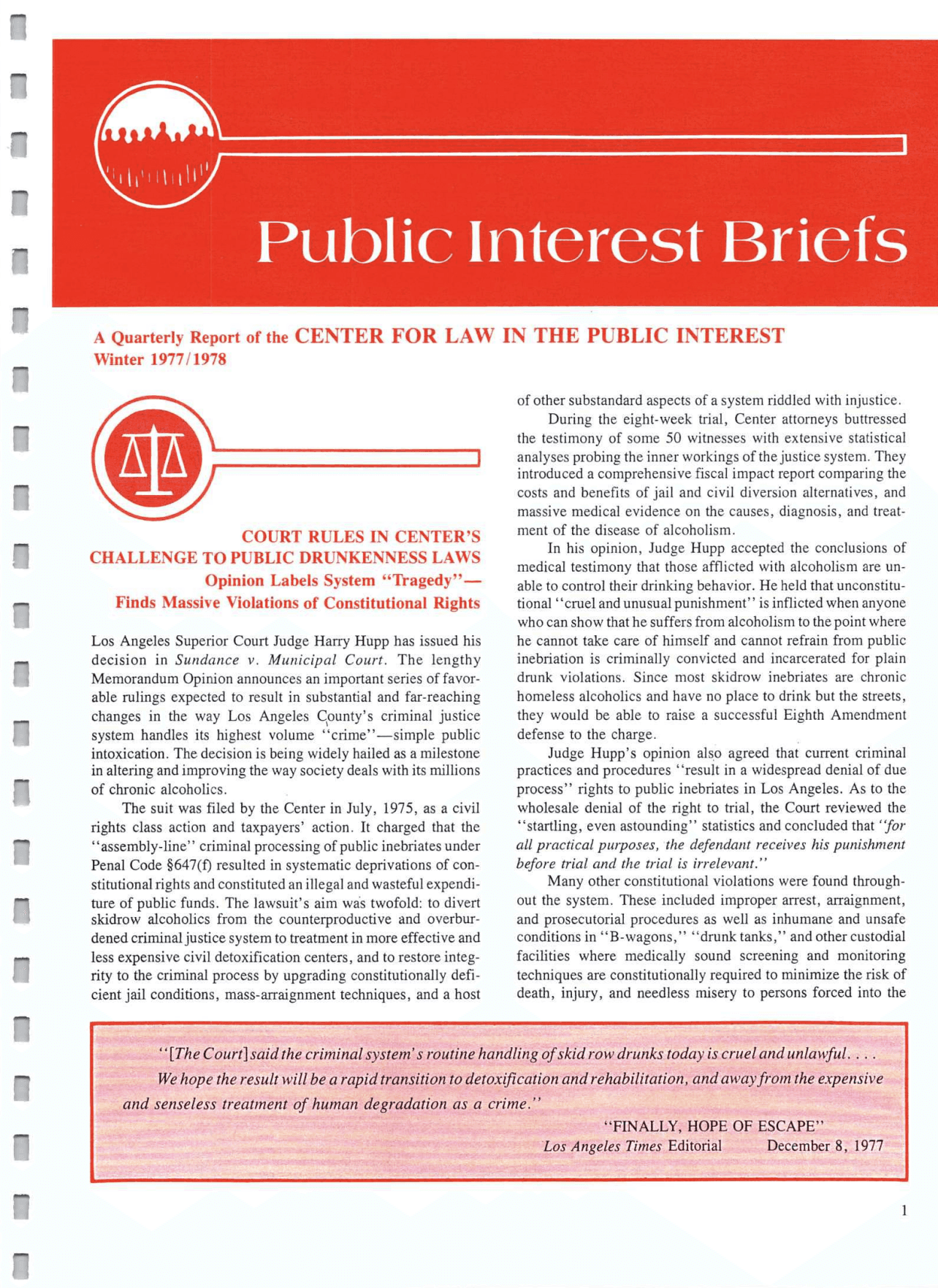 Cover of Center for Law In The Public Interest's Quarterly Report, Winter 1977:1978 Edition Public Interest Briefs