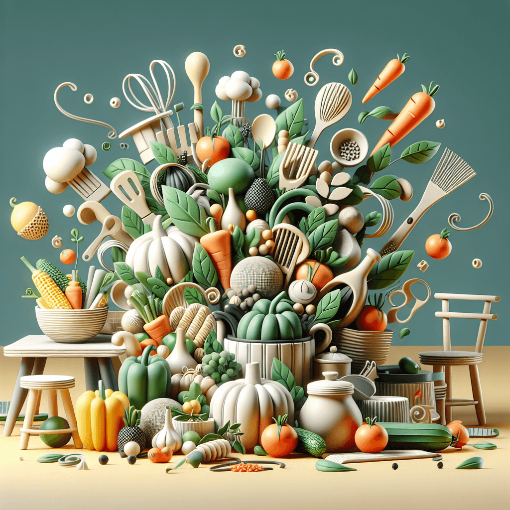 Überbordende Darstellung frischer Zutaten, Küchenwerkzeuge und Gemüse in 3D-Optik. Die Elemente wachsen förmlich aus dem Bild heraus – eine bildgewaltige Hommage an gesunde, pflanzenbasierte Ernährung und die kreative Vielfalt in der Küche.