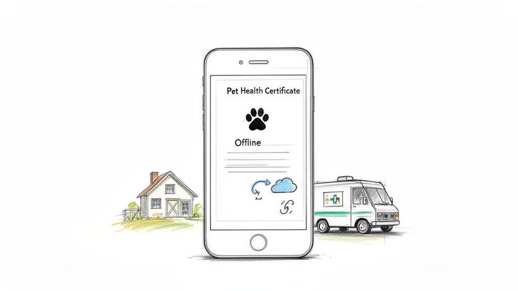 Illustration of a smartphone displaying 'Pet Health Certificate' offline, flanked by a house and veterinary mobile van.