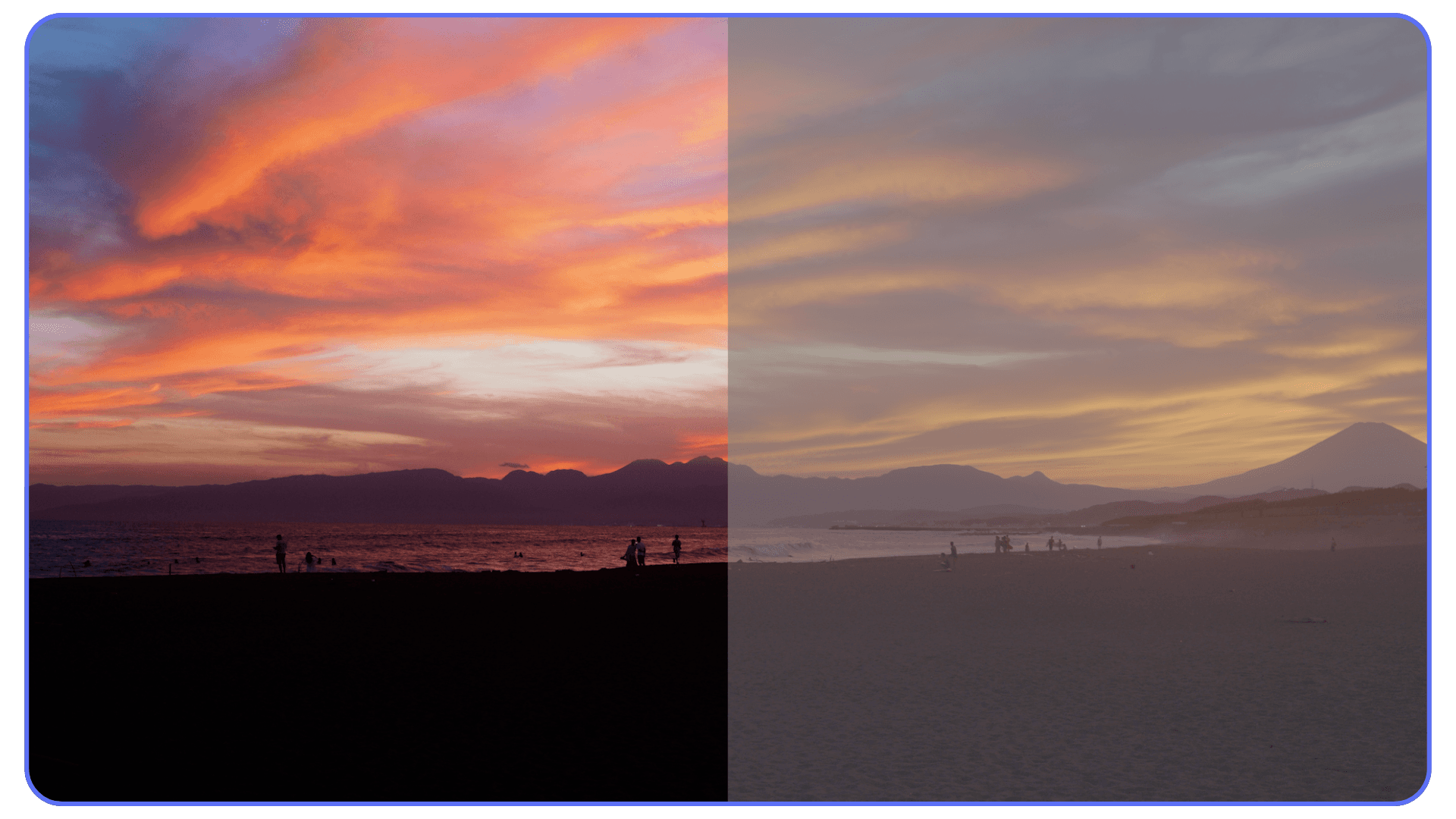 Before and after color grading comparison of sunset footage using a LUT in Premiere Pro