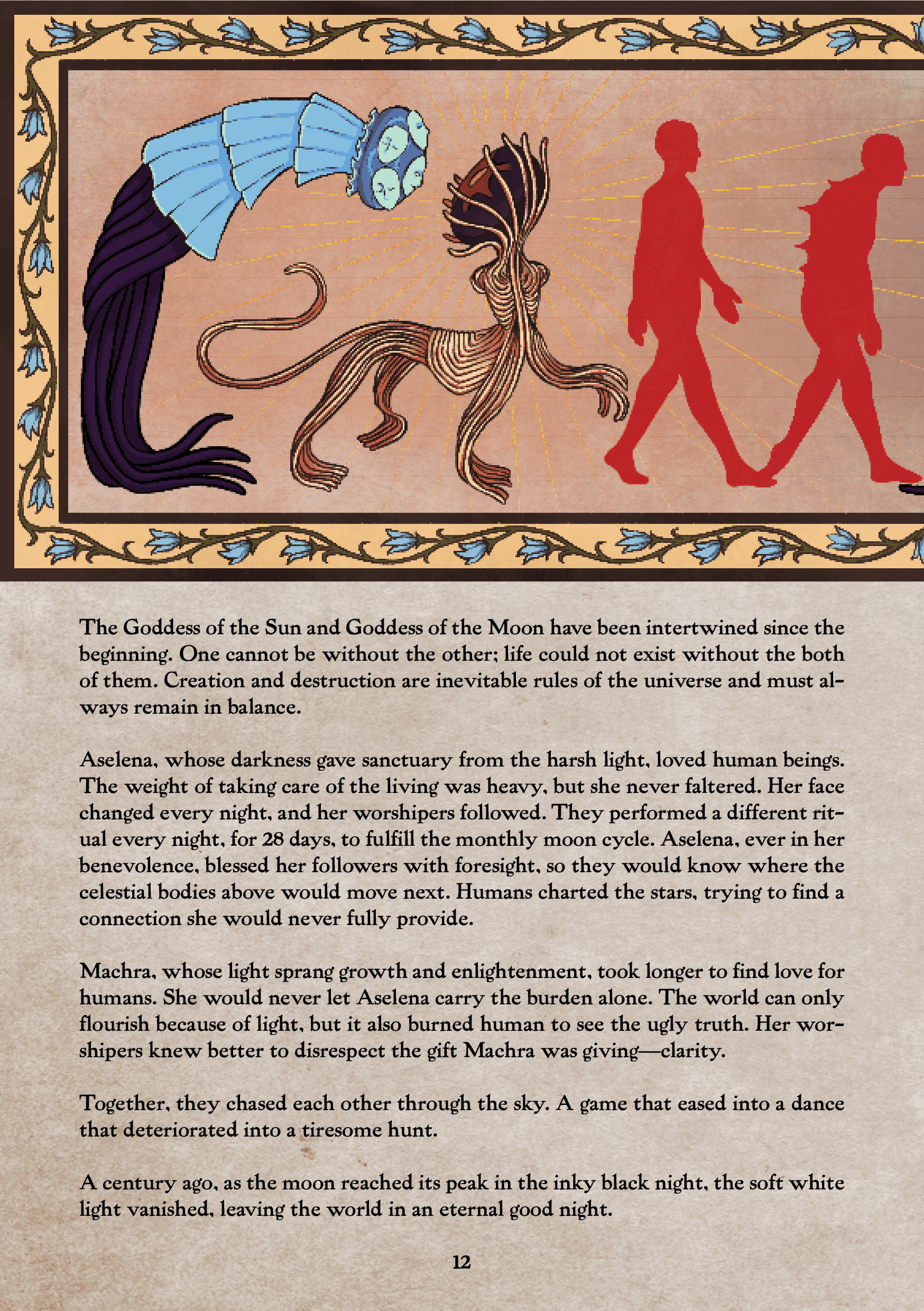 Two page spread on the lore of the game's world with a diptych visually representing the story