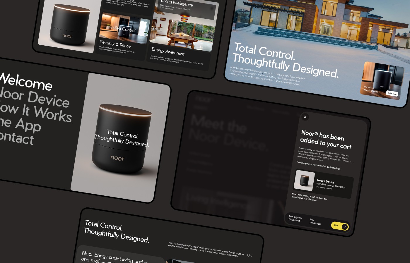A sleek dining space where overhead and accent lights are dynamically controlled via Noor®, demonstrating scene-based presets.