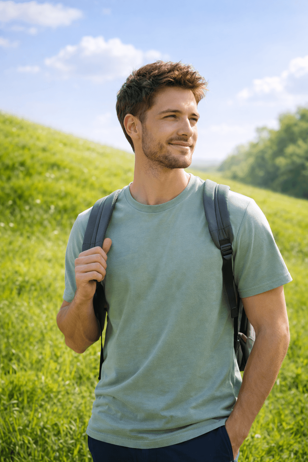 Young man with backack in nature