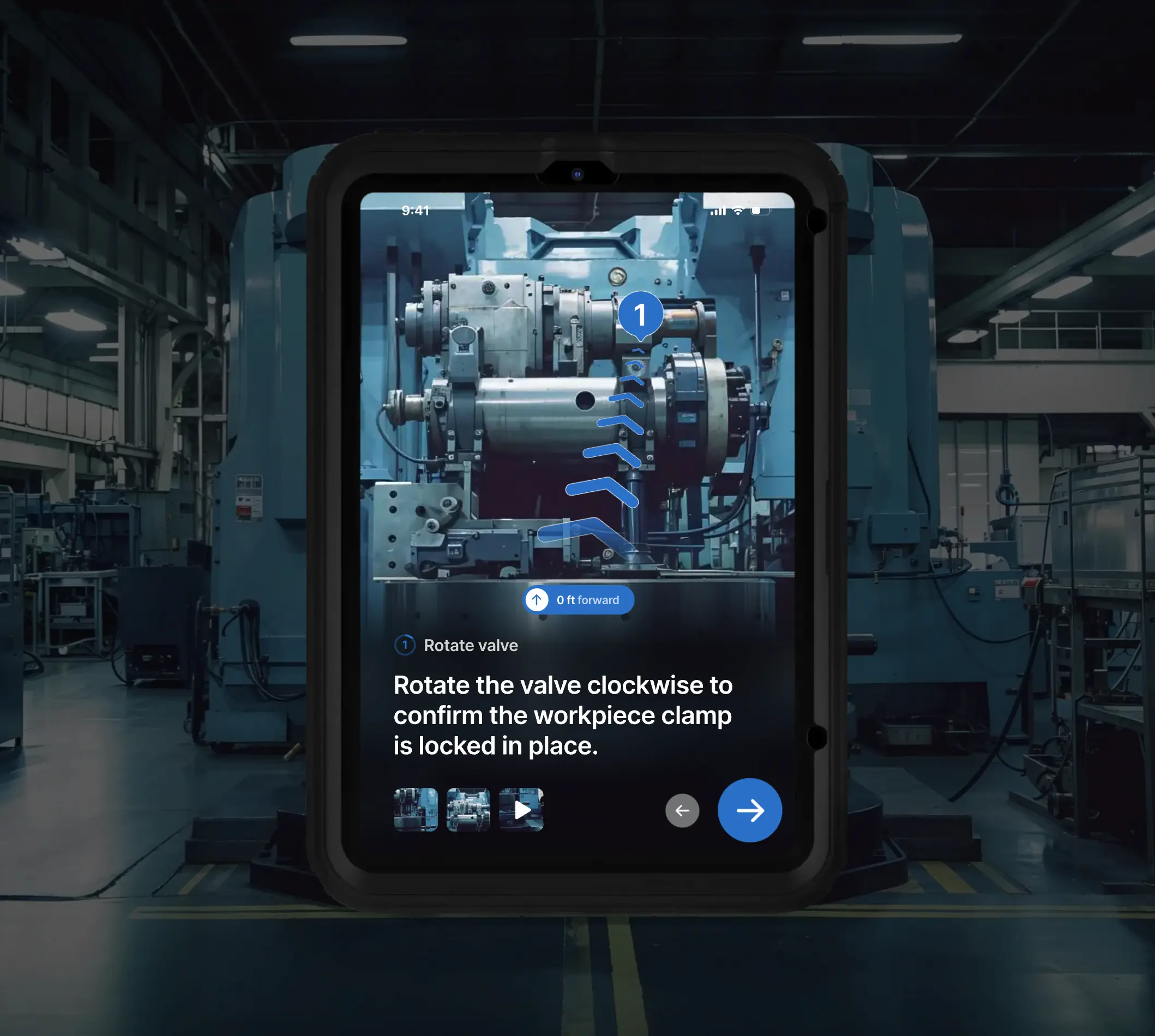 A tablet showing instructions to rotate a valve clockwise to confirm the workpiece clamp is locked in place.