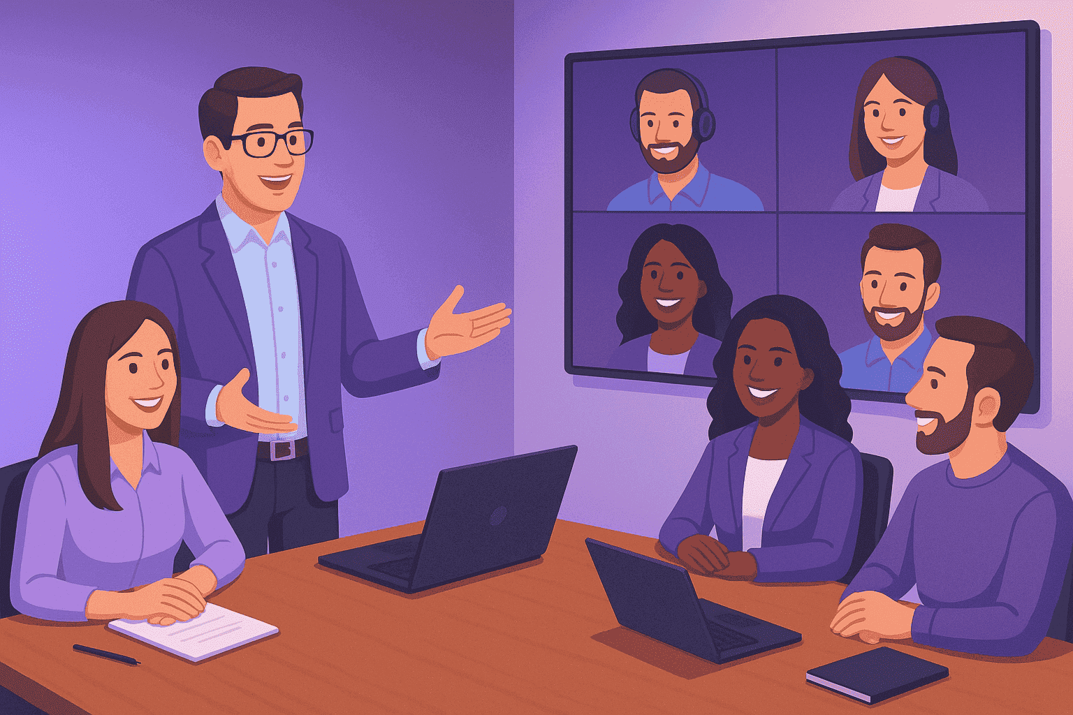 A digital illustration showing a leader engaging equally with in-office and remote team members during a hybrid meeting, symbolizing fairness and inclusion in remote work management.