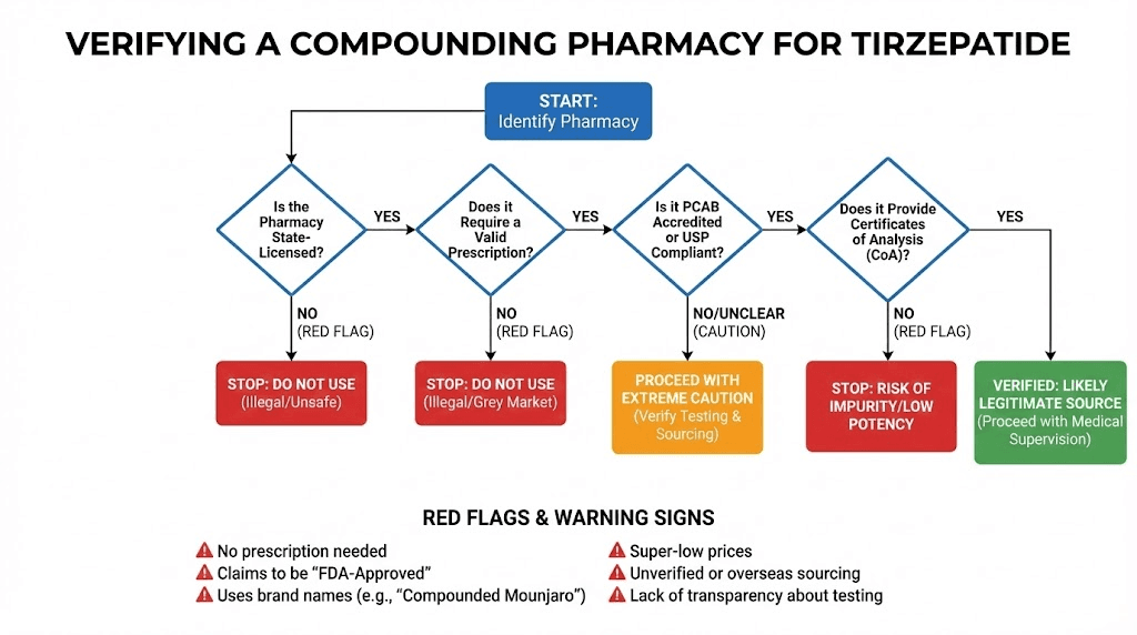 Verification flowchart for evaluating compounding pharmacies selling tirzepatide