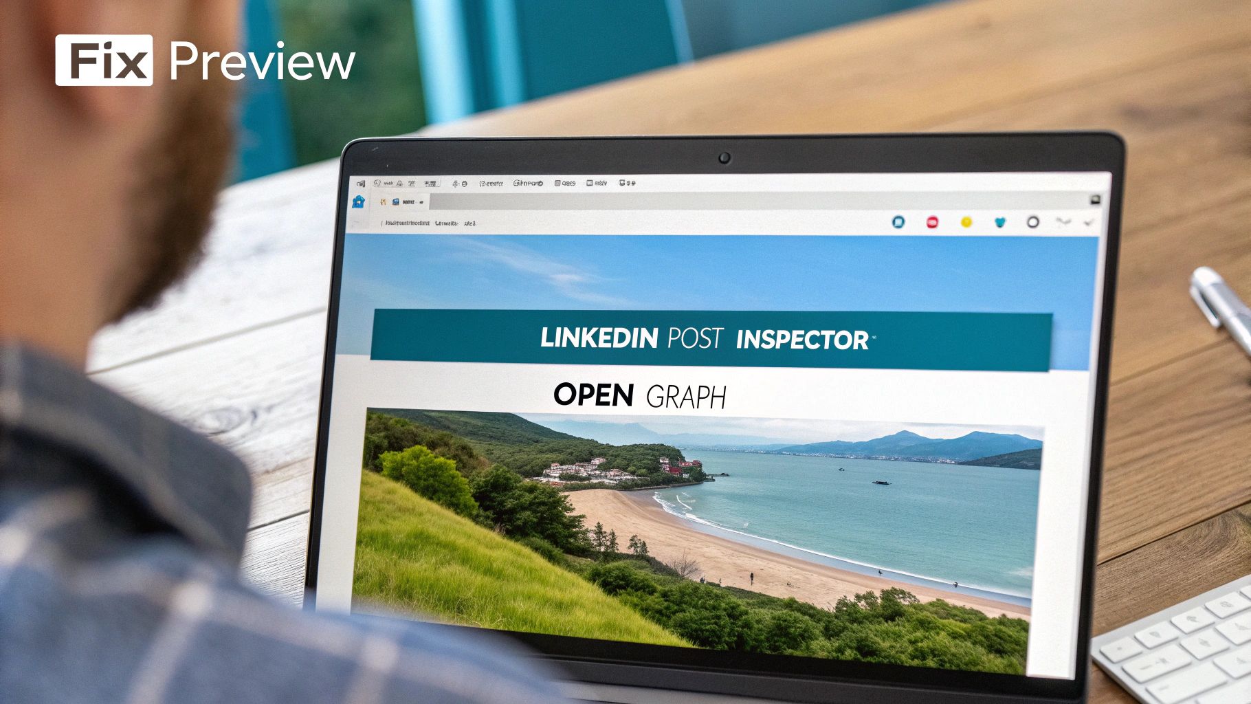 Person viewing a laptop screen displaying a LinkedIn post inspector tool with an open graph image preview.