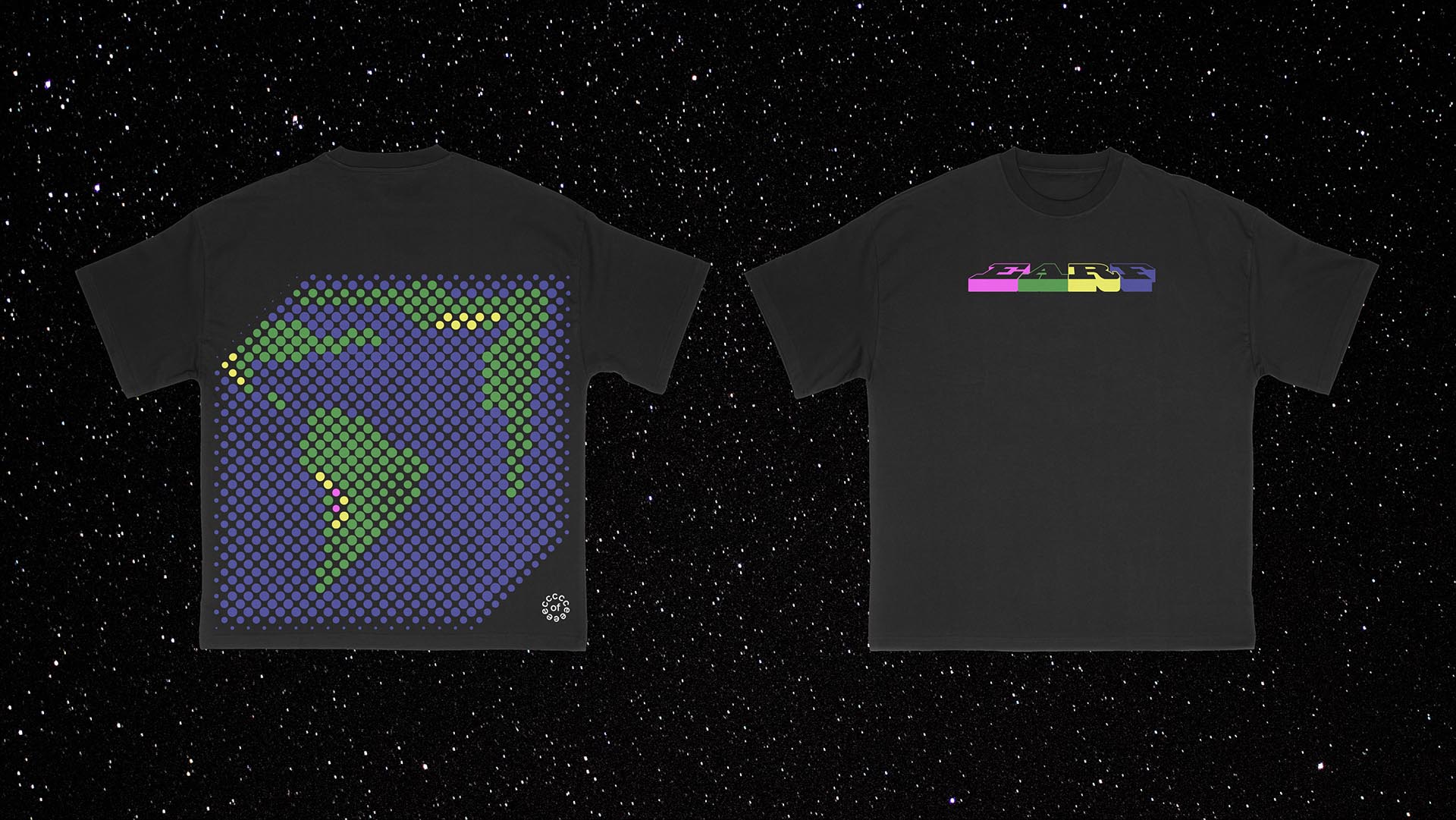 A black t-shirt is shown from both the front and back. The front displays a pixelated design of a globe with green, yellow, and pink geometric shapes. The back features a horizontal bar with the word “BARB” in multicolored letters. The background is black with small white dots resembling stars.