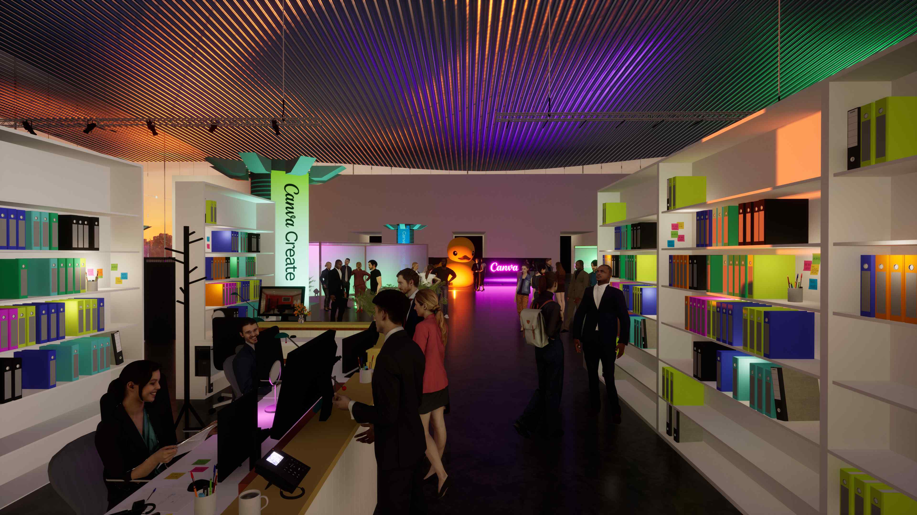 Canva experiential interior with colourful shelving, branded displays and interactive workspace environment