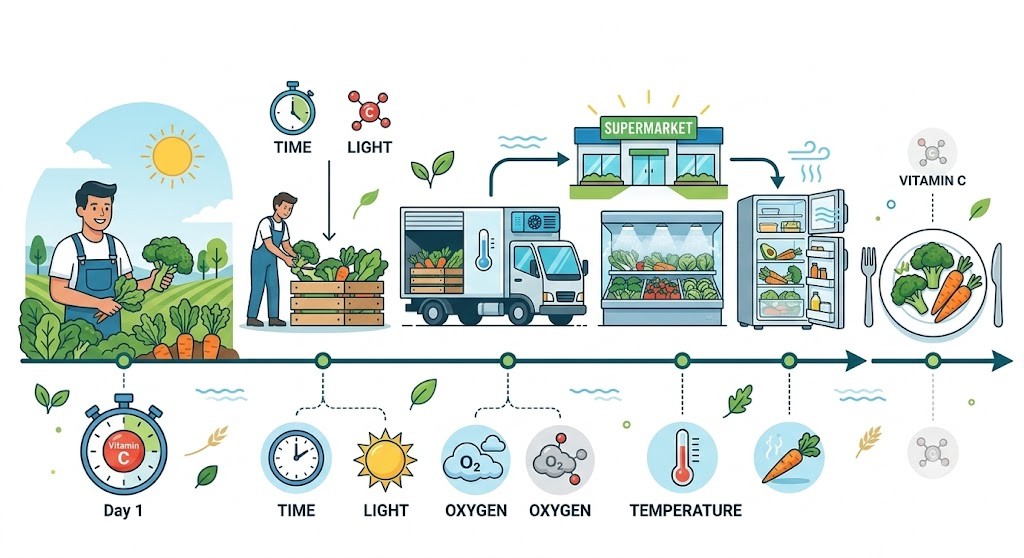 A professional infographic illustration showing the linear timeline journey of fresh vegetables from harvesting on a farm to transportation, supermarket display, home refrigeration, and final serving. Wavy scientific lines and grey vitamin icons visualize gradual Vitamin C loss caused by light, air, and heat, with callout boxes highlighting these nutrient loss factors.