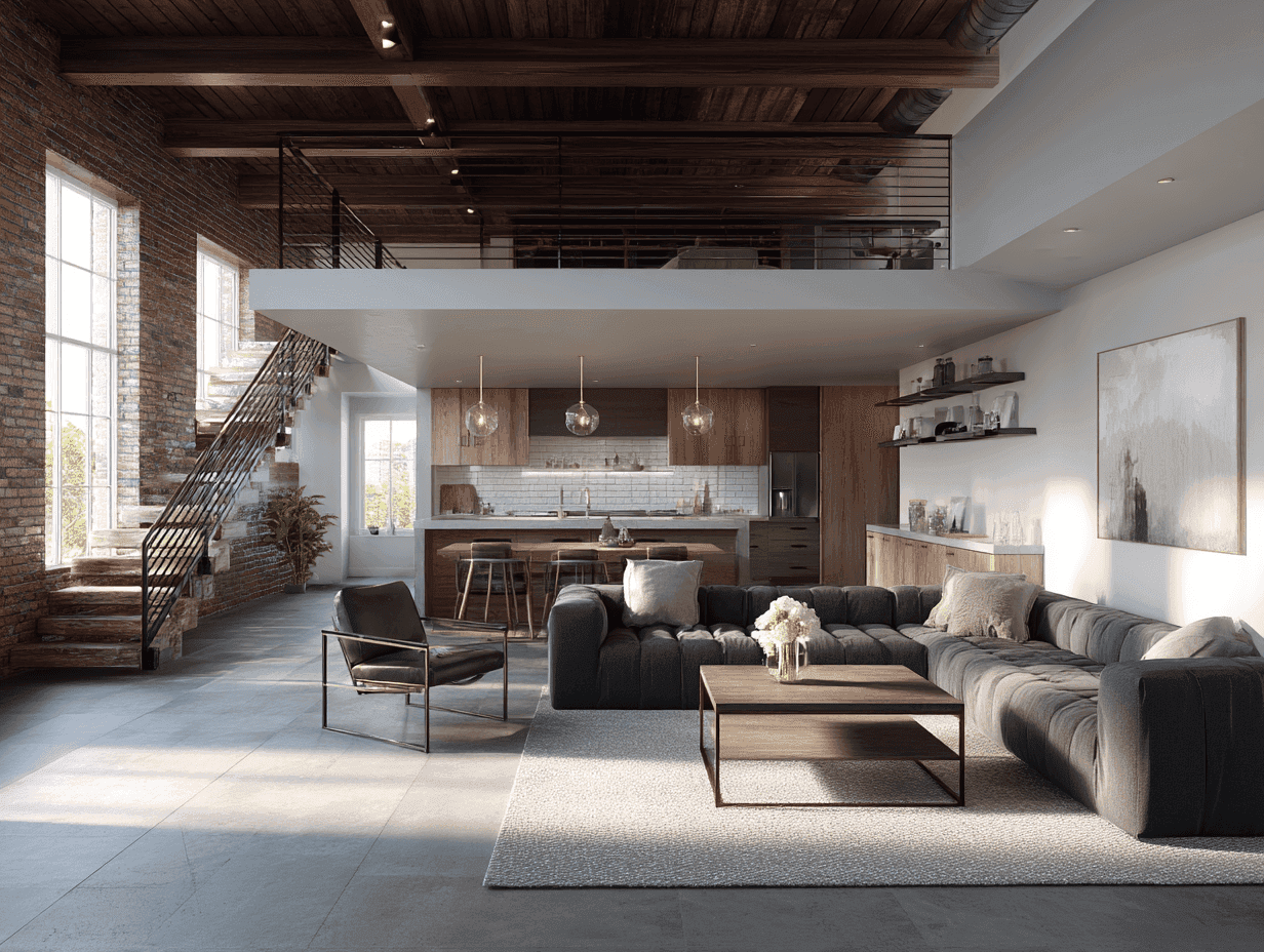 Loft with industrial decor: exposed brick, high ceilings, large windows. Cozy gray sofas, concrete coffee table, pendant lights, and a soft rug.