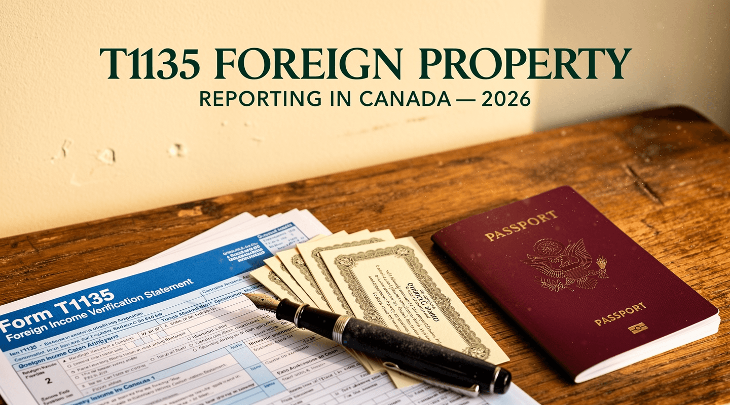 Form T1135 with stock-certificate slips on an oak desk, title overlaid.