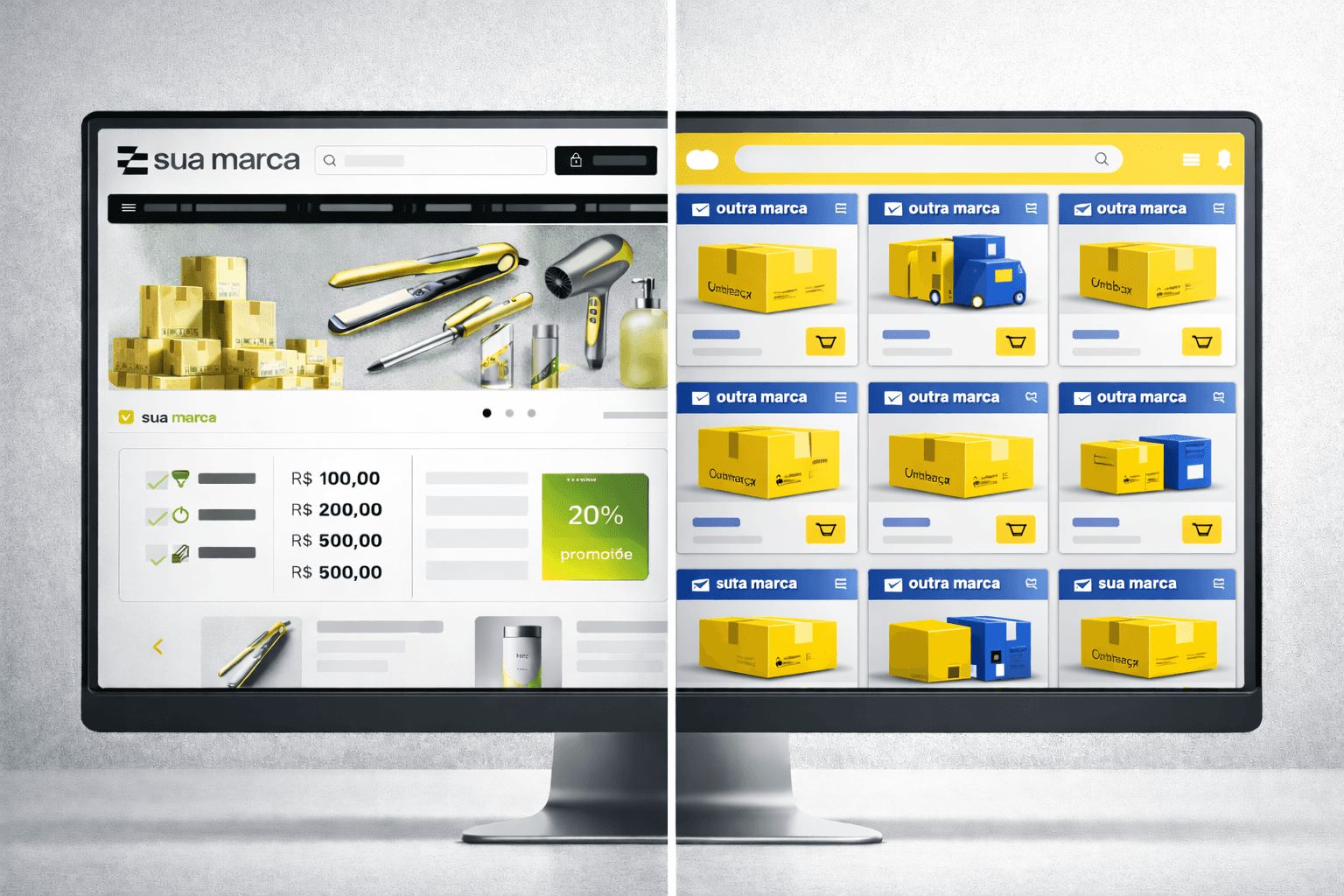 Comparação visual entre portal próprio B2B e marketplace B2B, mostrando à esquerda um portal exclusivo e personalizado da empresa, com controle de marca, preços e condições comerciais, e à direita um marketplace genérico com múltiplos concorrentes, onde a empresa aparece como apenas mais um vendedor entre várias outras marcas.