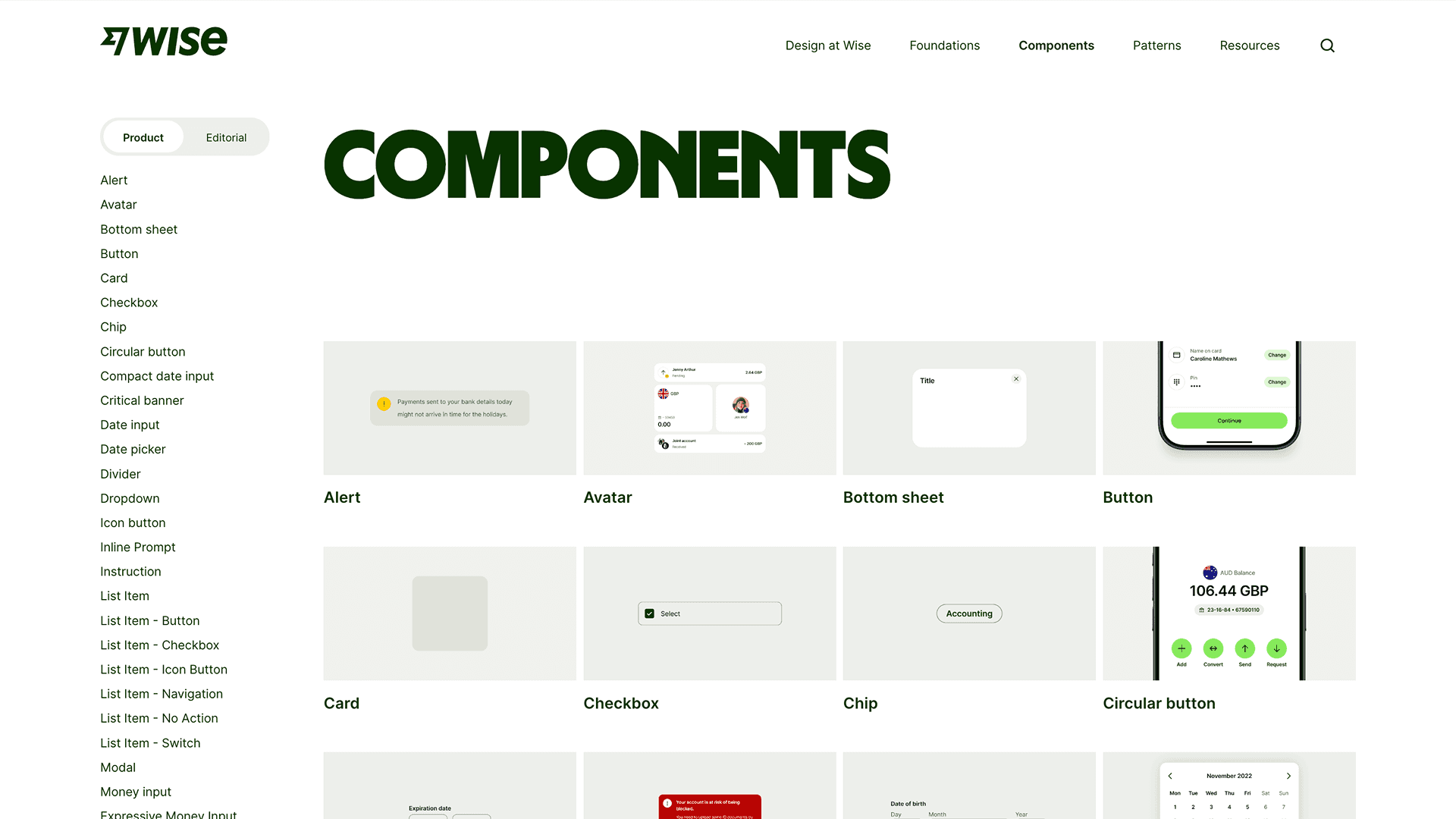 Wise design system components page showing a UI library with navigation and component examples.