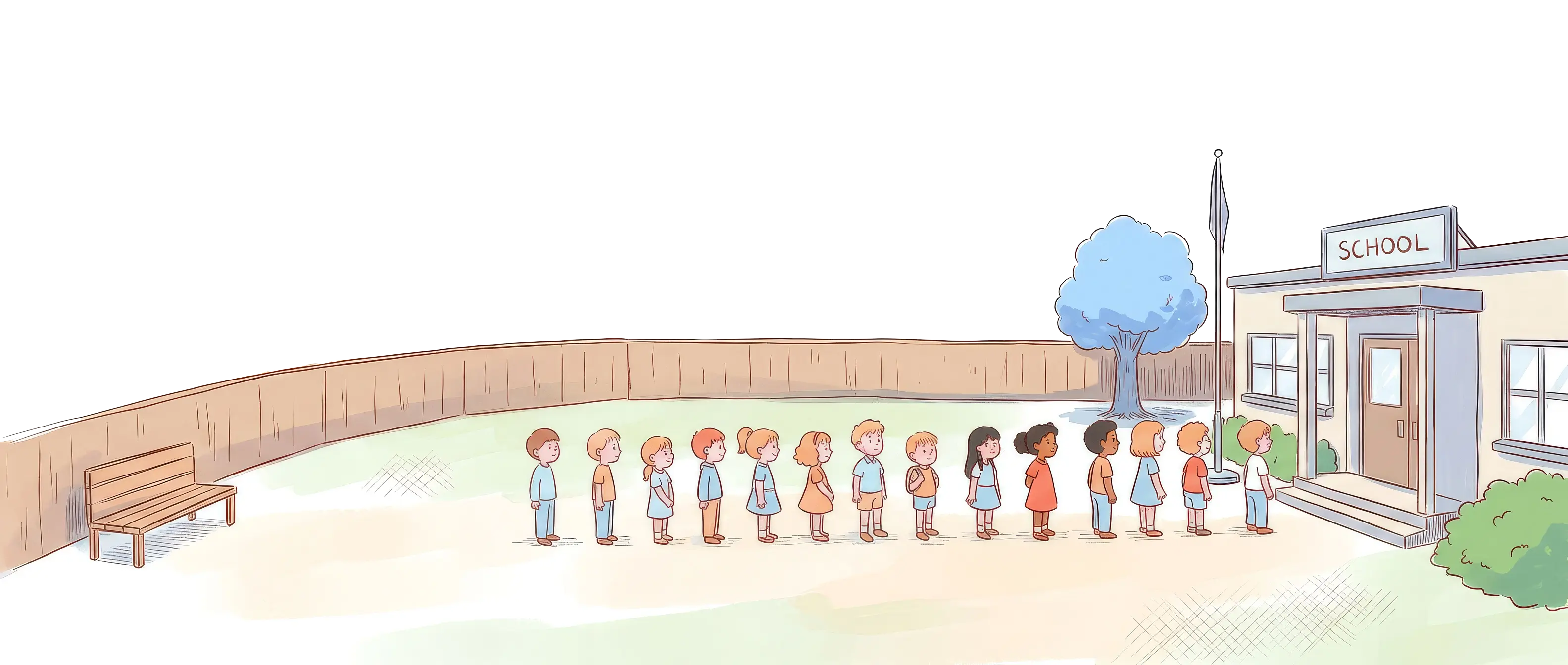 Illustration of a line of several children outside a school waiting in line to get into a building