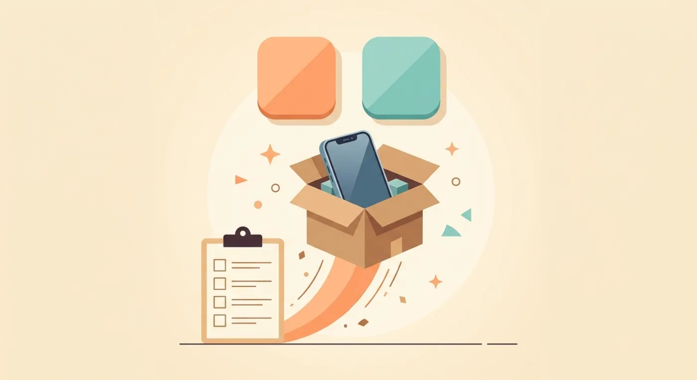 Shipping a vibe coded app illustrated as a phone in a shipping box launching toward two app store badges