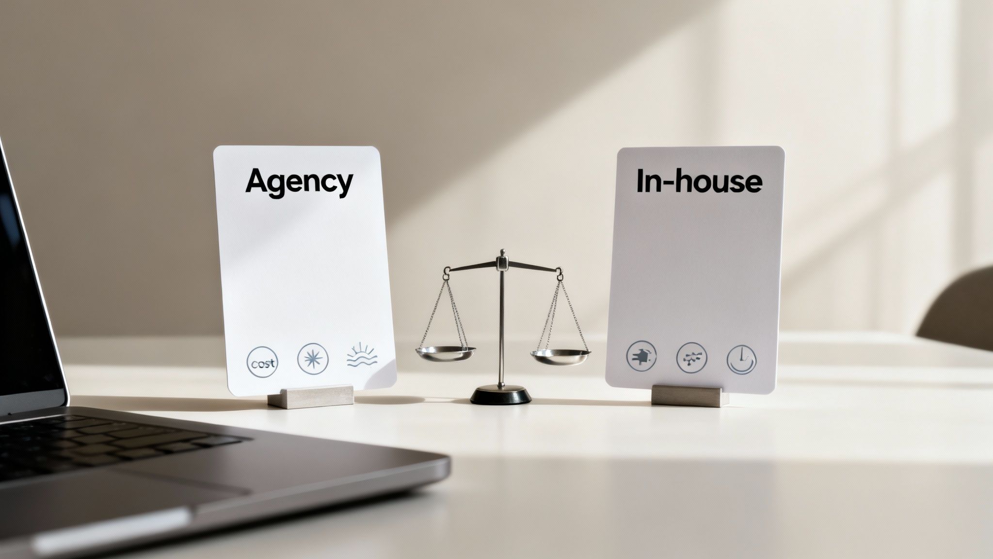 A balance scale between two cards, Agency and In-house, representing a strategic business decision.
