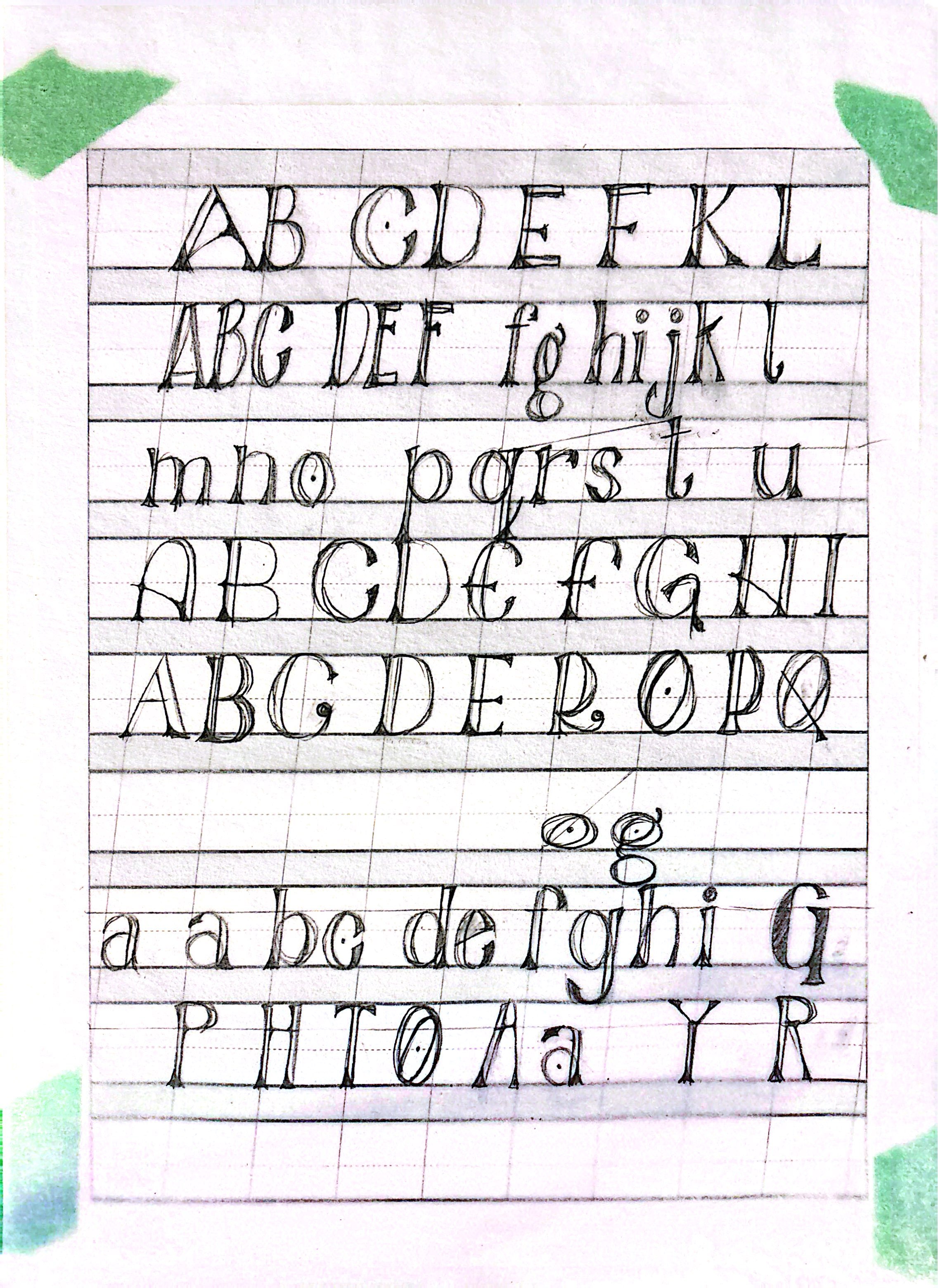 Rough sketches for the typeface. Lined paper with different letterforms sketched out in a row.