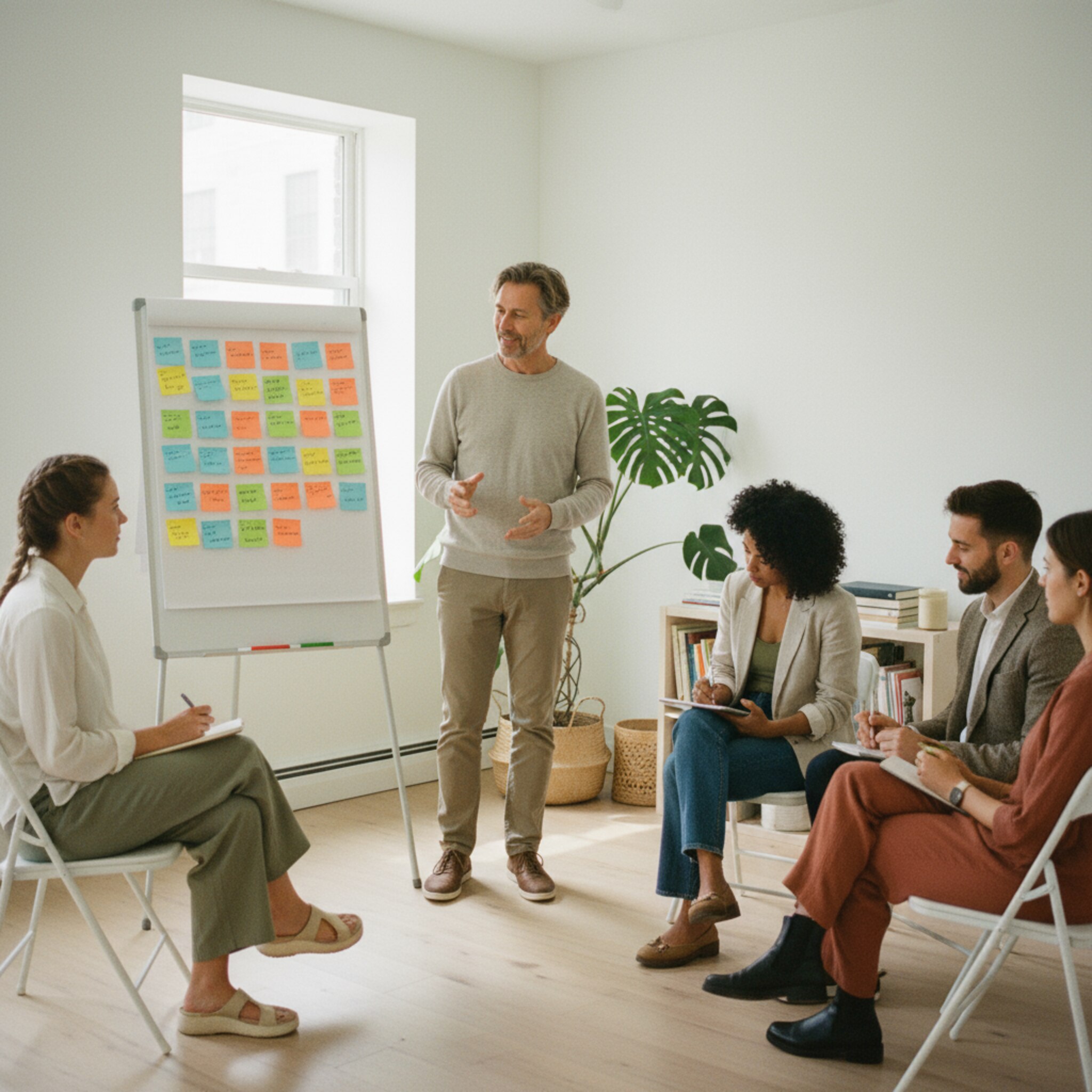 Eine kleine Gruppe steht vor einem Flipchart in einem hellen Workshop-Raum. Bunte Haftnotizen ordnen Ideen, während ein Moderator ruhig erklärt. Die Teilnehmenden sitzen halbkreisförmig und machen sich Notizen. Das Licht ist weich, die Atmosphäre konzentriert und motivierend.