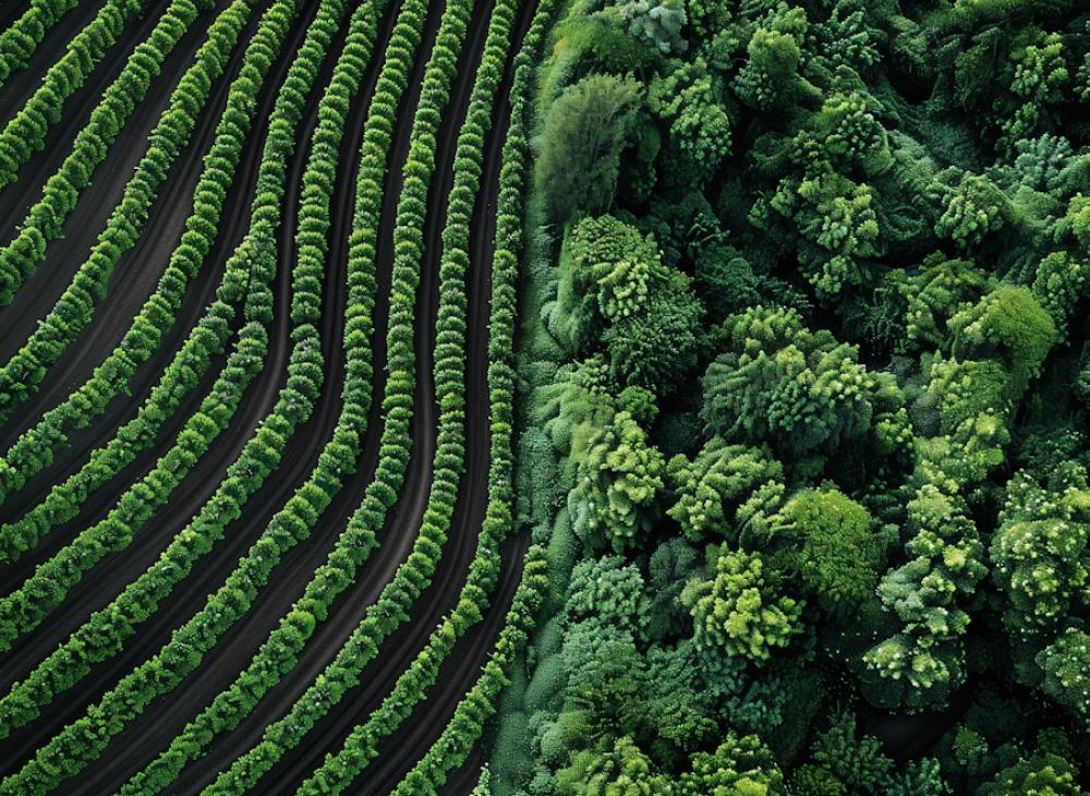 Aerial view shows a striking contrast between lush, orderly green crop rows on the left and dense, wild forest on the right, illustrating nature's diversity.